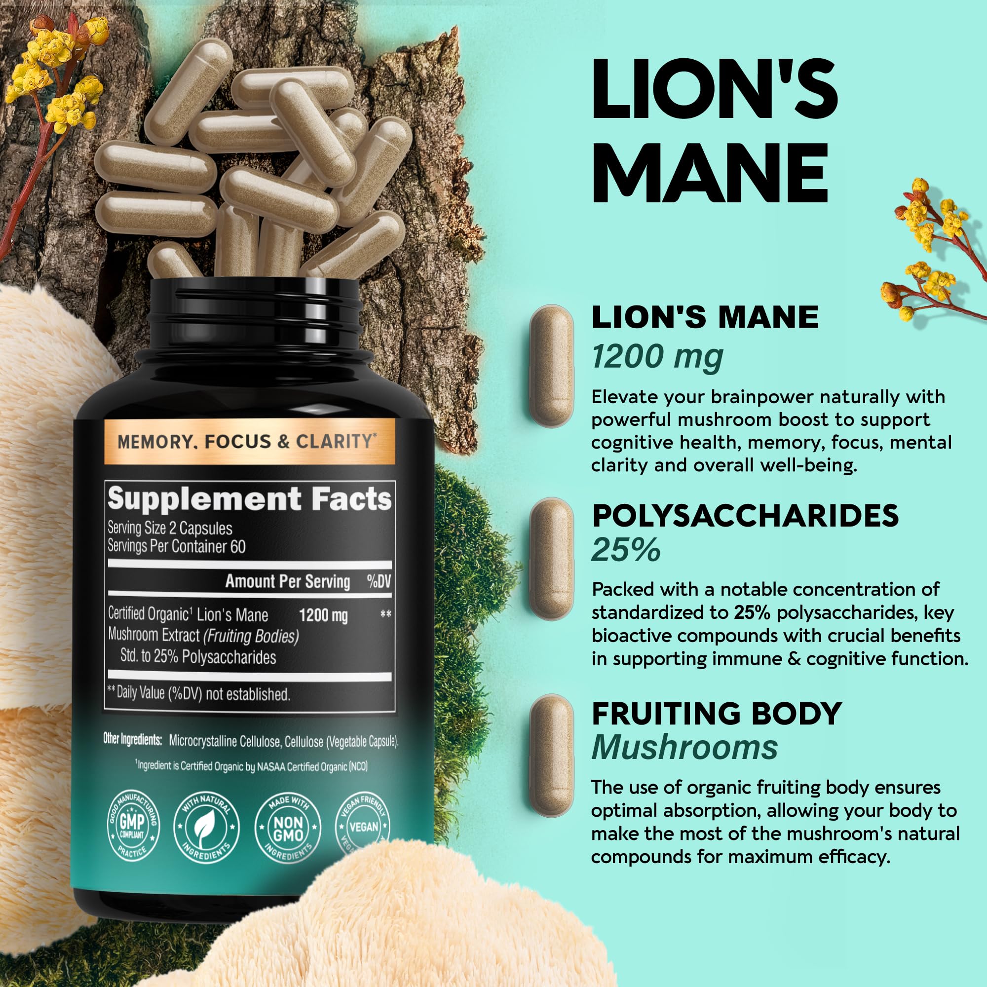 Foto 3 pulgar | Suplemento Nutraharmony Organic Lions Mane 120 Cápsulas - Venta Internacional.