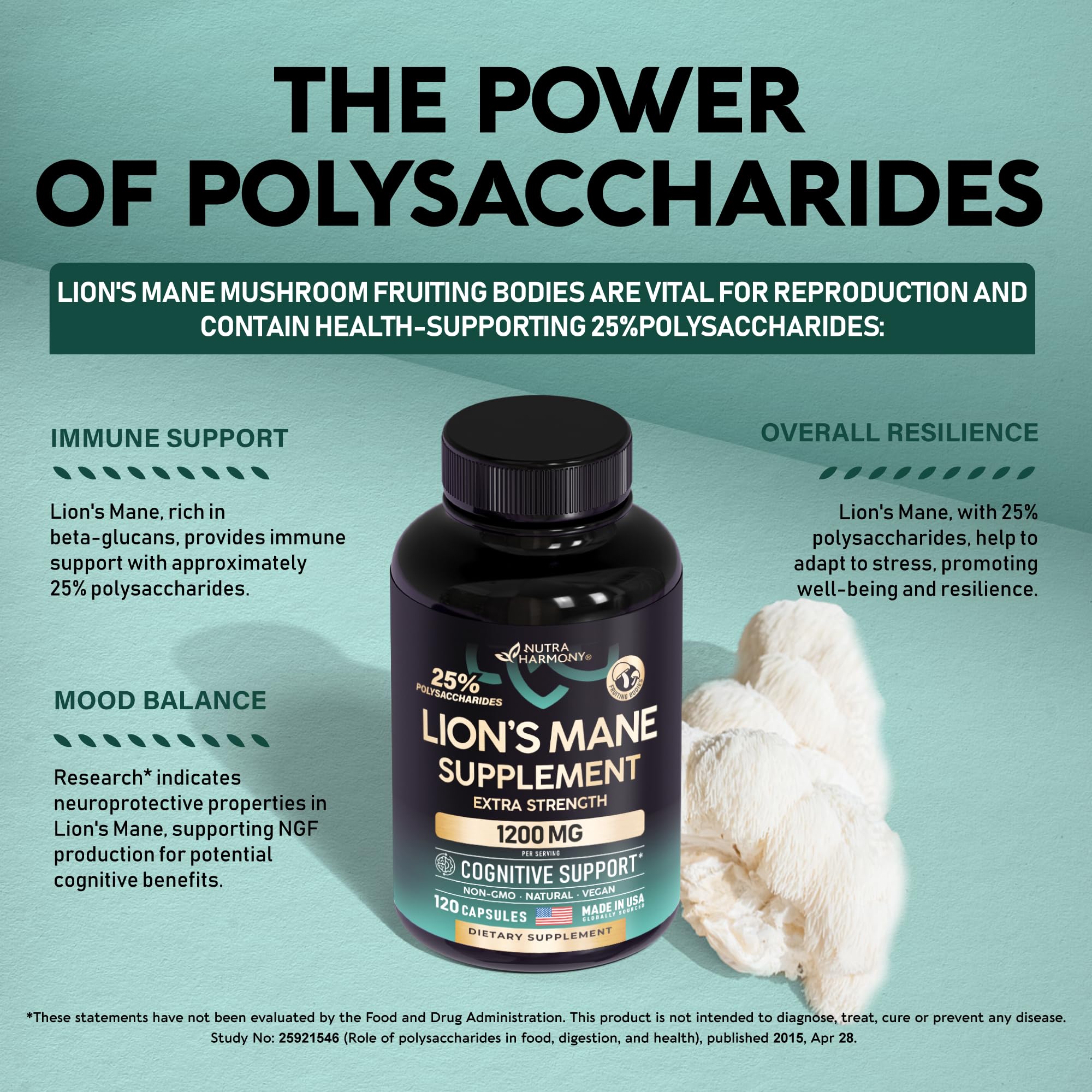 Foto 4 pulgar | Suplemento Nutraharmony Organic Lions Mane 120 Cápsulas - Venta Internacional.