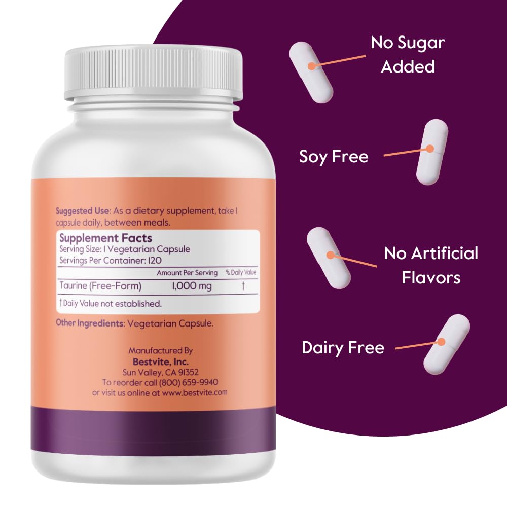 Foto 3 pulgar | Suplemento Bestvite De Taurina 1000 Mg 120 Cápsulas Veganas - Venta Internacional.
