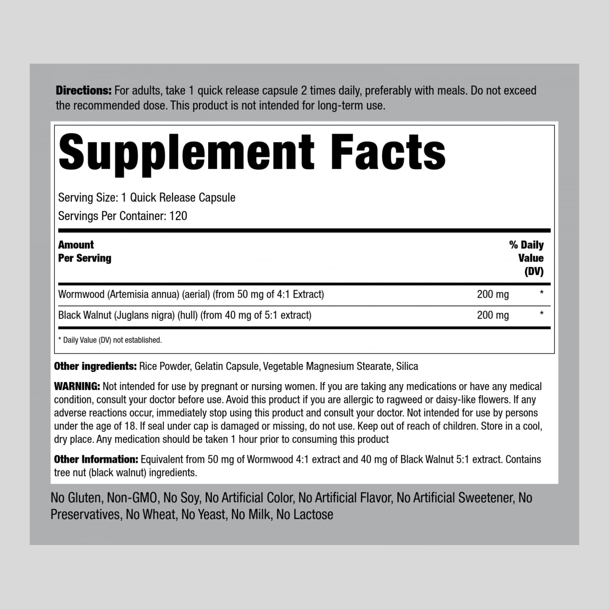 Foto 3 pulgar | Suplemento Piping Rock Wormwood Black Walnut 400 Mg 120 Cápsulas - Venta Internacional.