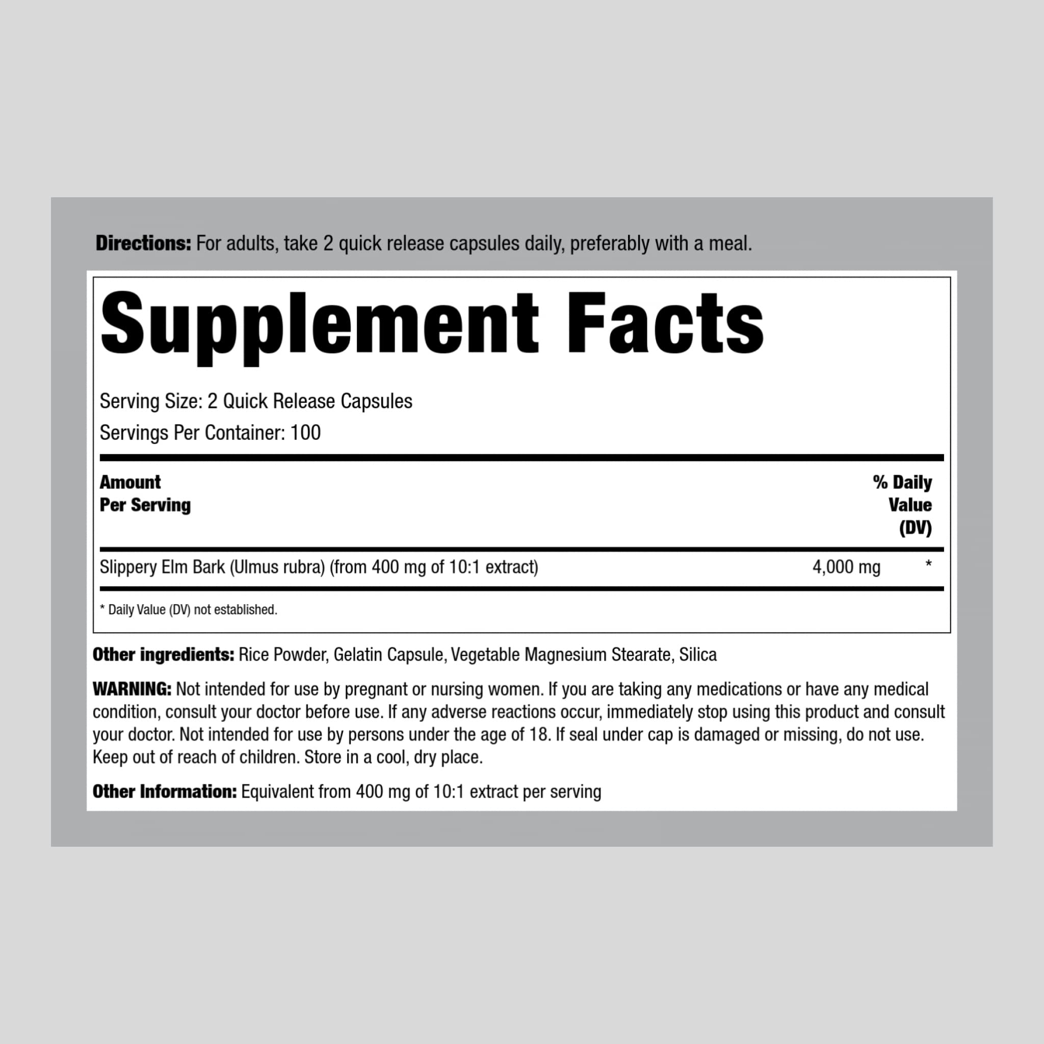 Foto 3 pulgar | Suplemento Piping Rock Slippery Elm Bark 4000 Mg 200 Cápsulas - Venta Internacional.