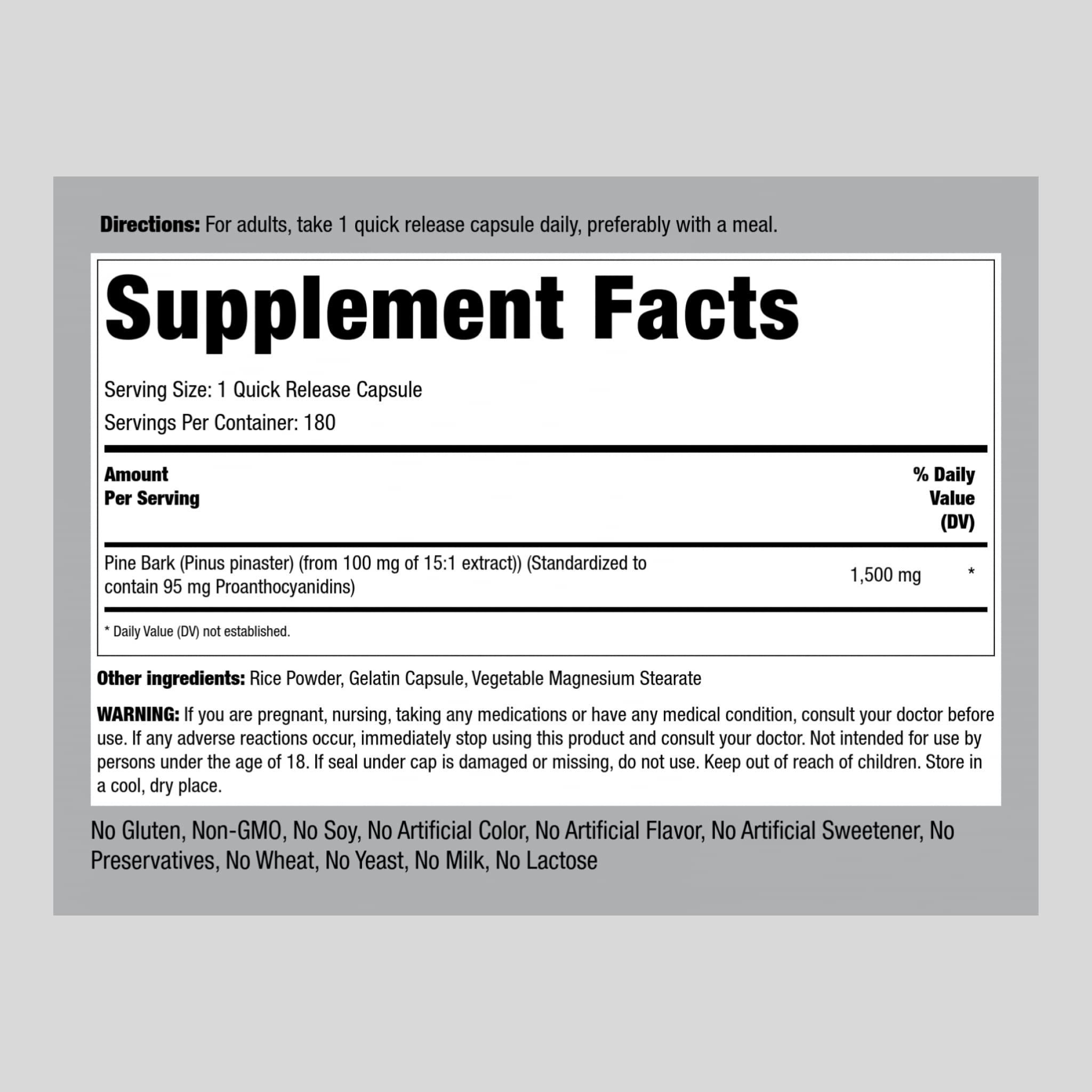 Foto 2 | Suplemento De Extracto De Corteza De Pino Piping Rock 1500 Mg 180 Cápsulas - Venta Internacional.