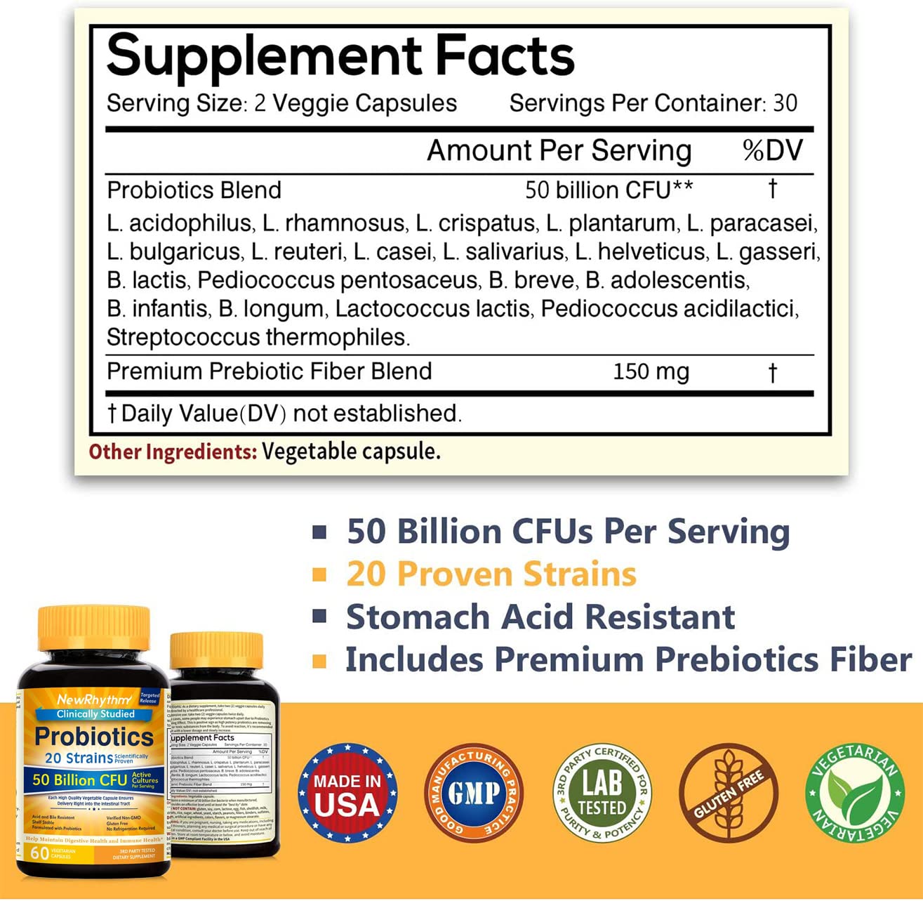 Foto 4 pulgar | Probiotics Newrhythm 50 Mil Millones De Cfu, 20 Cepas, 60 Cápsulas - Venta Internacional.
