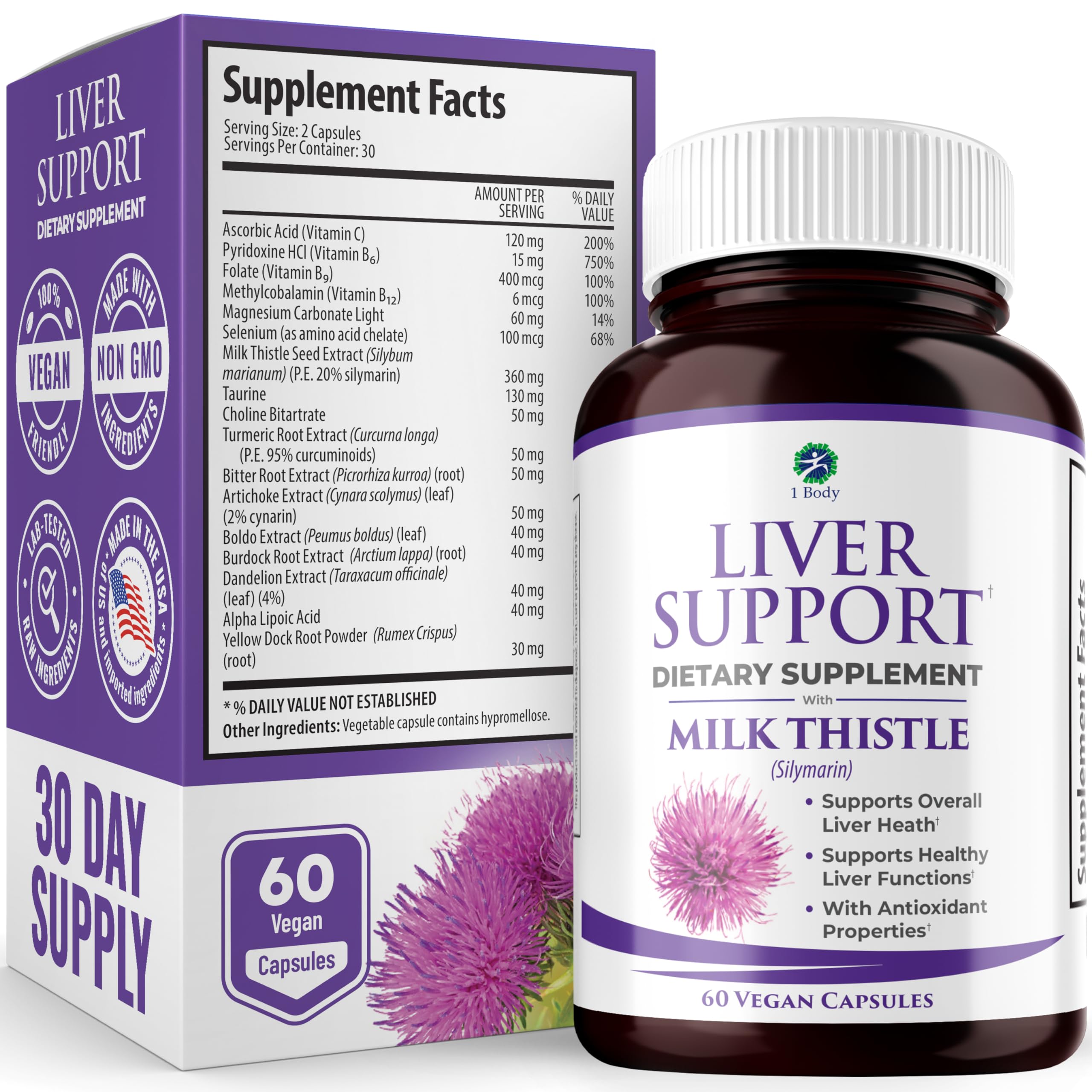Foto 2 pulgar | Suplemento 1: Body Liver Cleanse, Cardo Mariano, Cúrcuma, 60 Cápsulas - Venta Internacional.