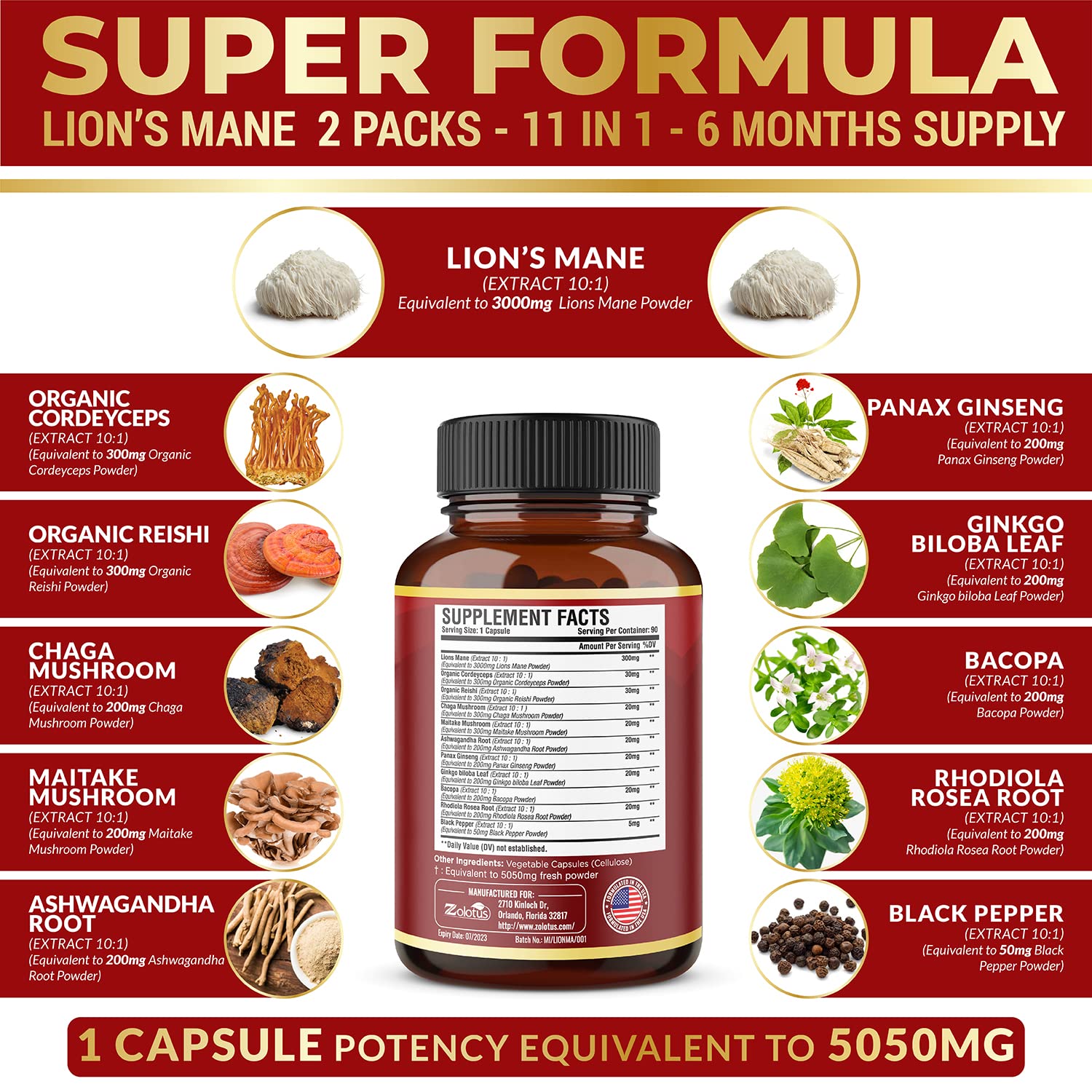 Foto 3 pulgar | Suplemento Zolotus Lions Mane Mushroom 5050 Mg 90 Cápsulas X2 - Venta Internacional.