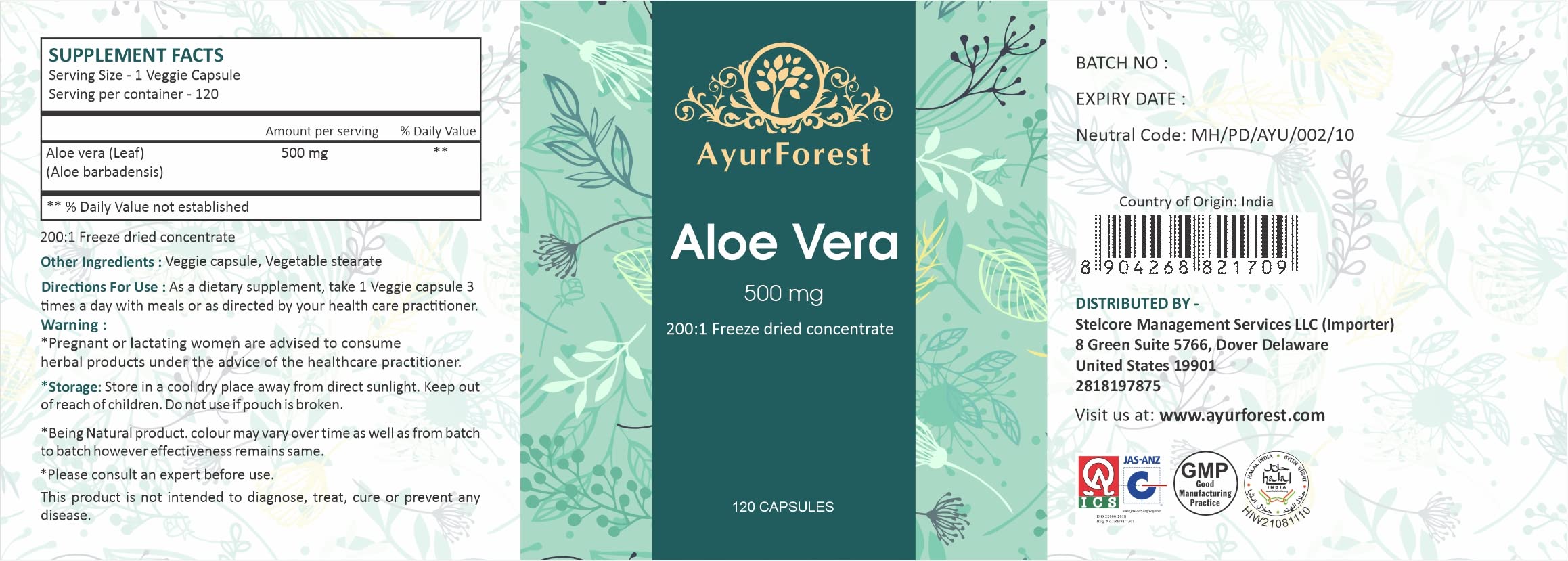 Foto 5 | Suplemento Ayurforest, Cápsulas De Aloe Vera, 120 Cápsulas, 500 Mg - Venta Internacional.