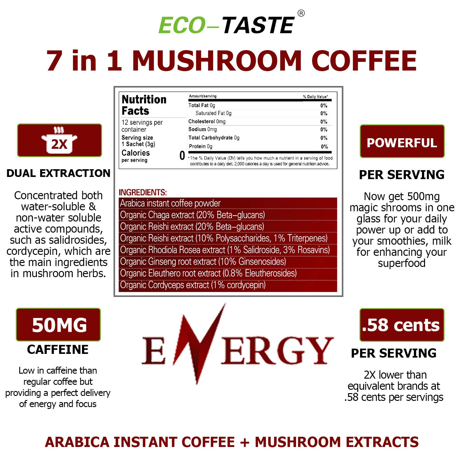 Foto 4 pulgar | Mezcla De Café Eco-taste Mushroom 7 En 1 Con Reishi, Cordyceps 12s - Venta Internacional.