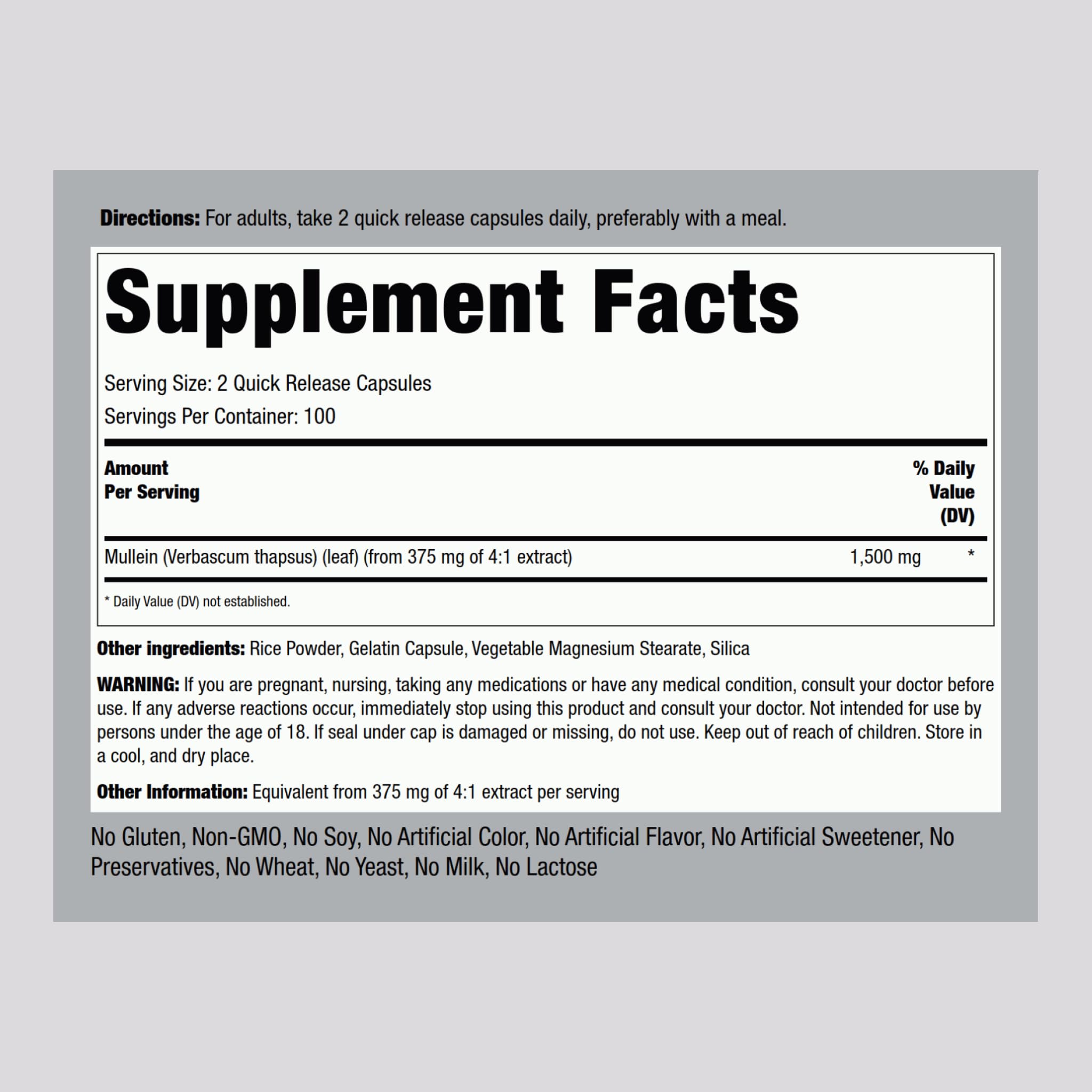 Foto 3 pulgar | Suplemento De Extracto De Hoja De Gordolobo De Piping Rock 1500 Mg 200 Cápsulas - Venta Internacional.