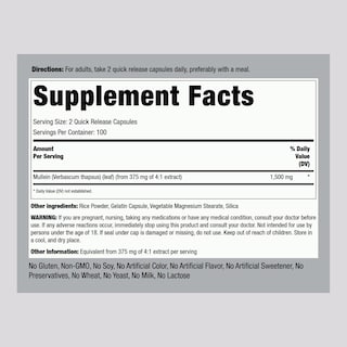 Foto 2 | Suplemento De Extracto De Hoja De Gordolobo De Piping Rock 1500 Mg 200 Cápsulas - Venta Internacional.