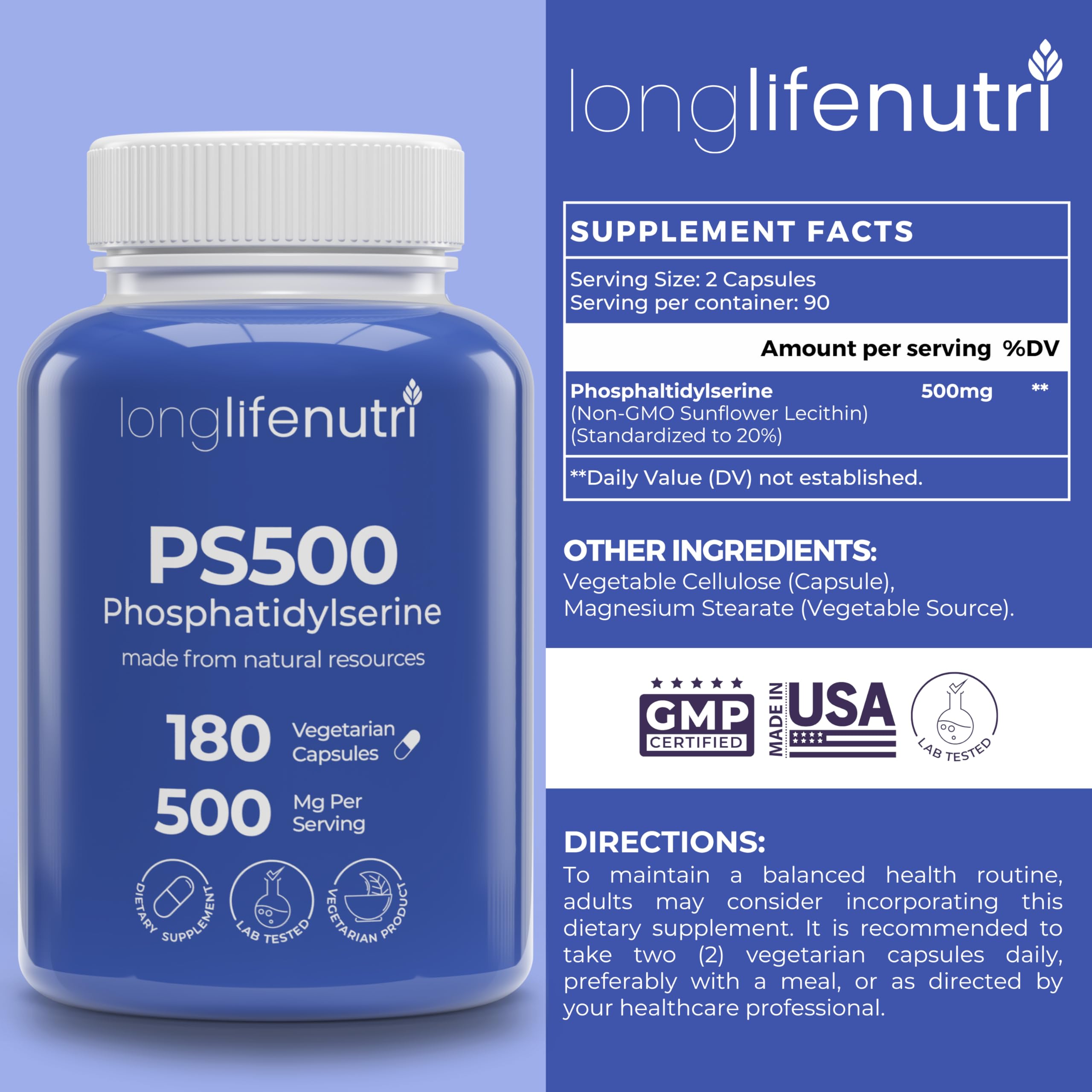 Foto 3 pulgar | Suplemento Longlife Nutri Fosfatidilserina Pura 500 Mg X180 - Venta Internacional.