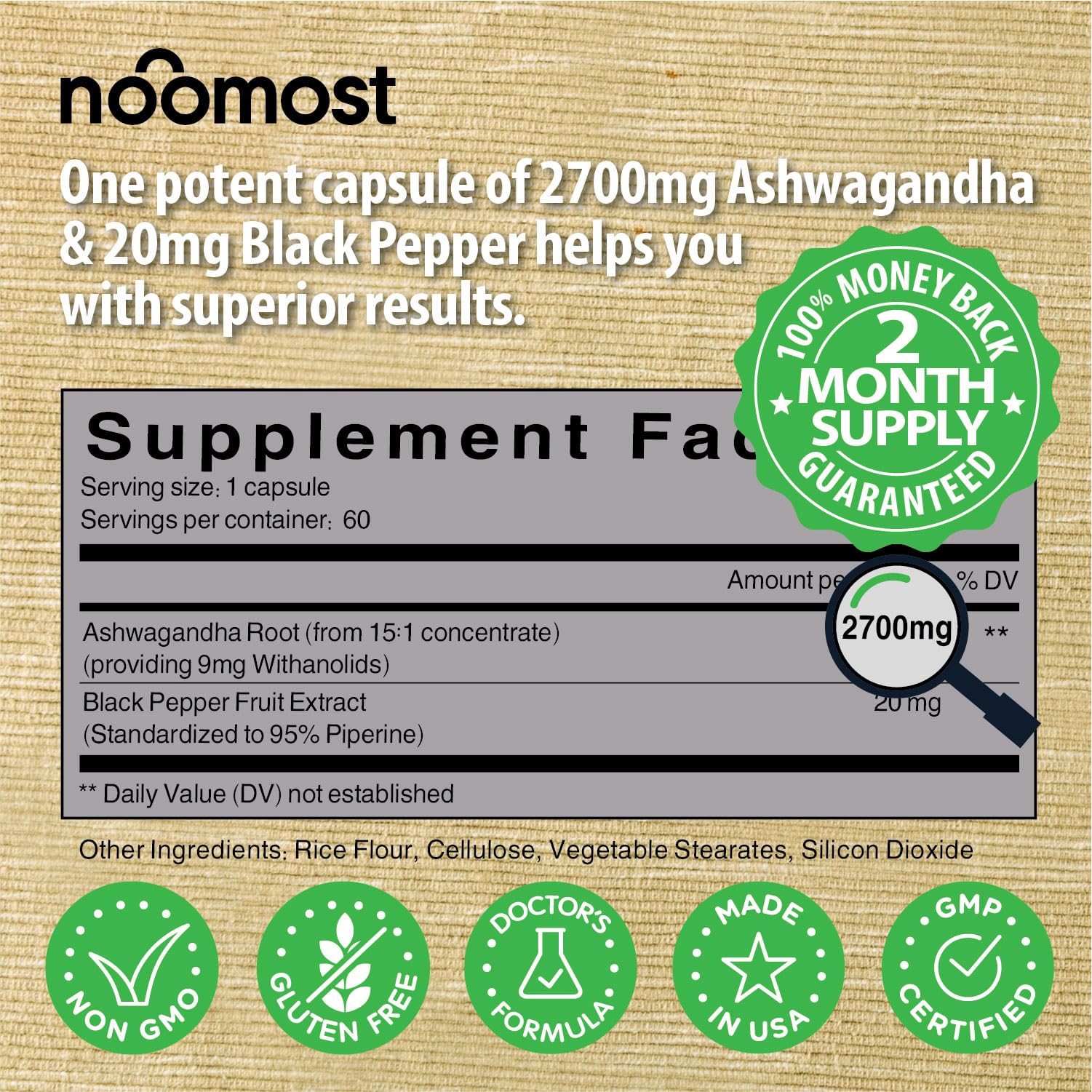 Foto 3 pulgar | Suplementos De Ashwagandha Orgánica Noomost 2700 Mg Con Pimienta Negra - Venta Internacional.