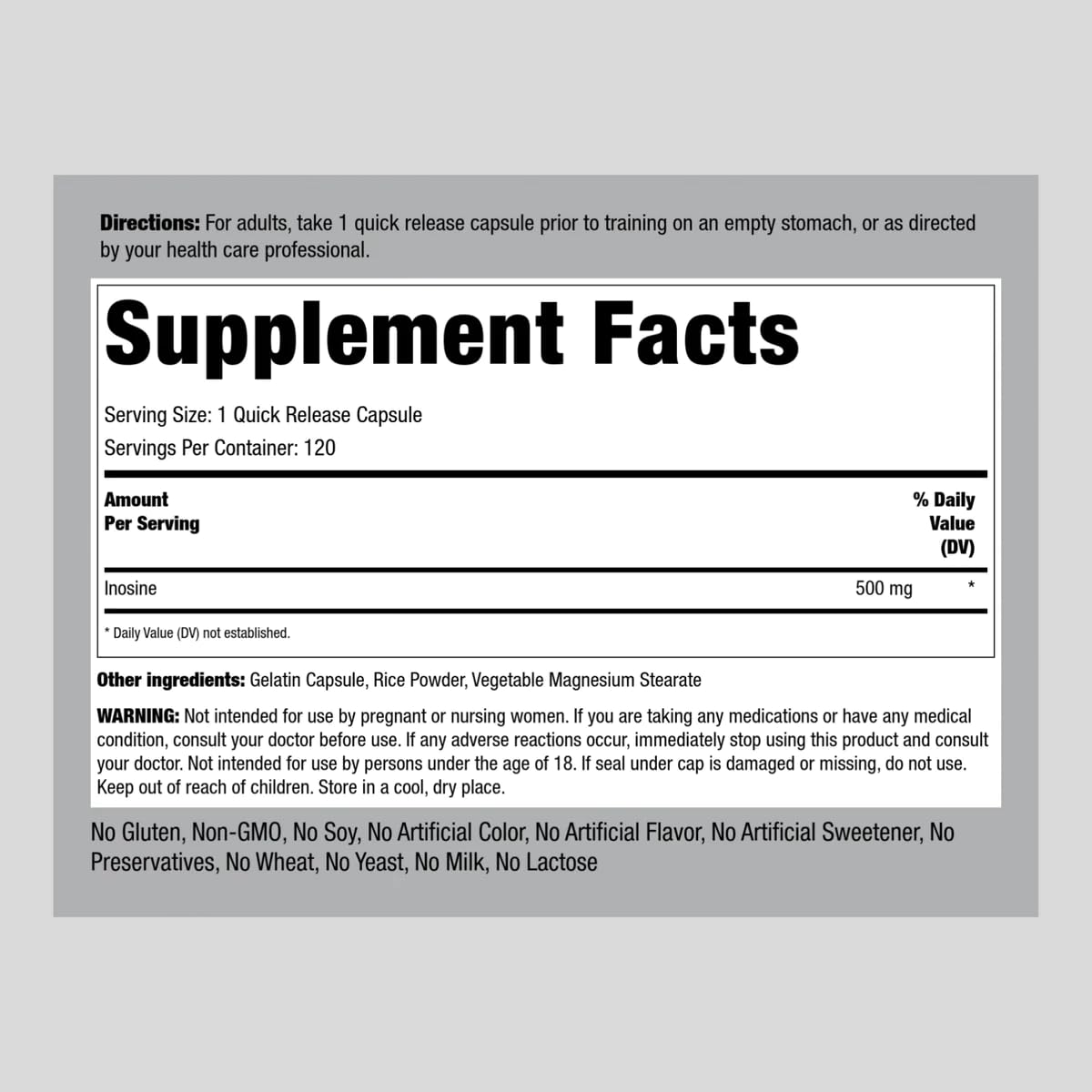 Foto 2 | Suplemento Piping Rock Inosine 500 Mg 120 Cápsulas - Venta Internacional.