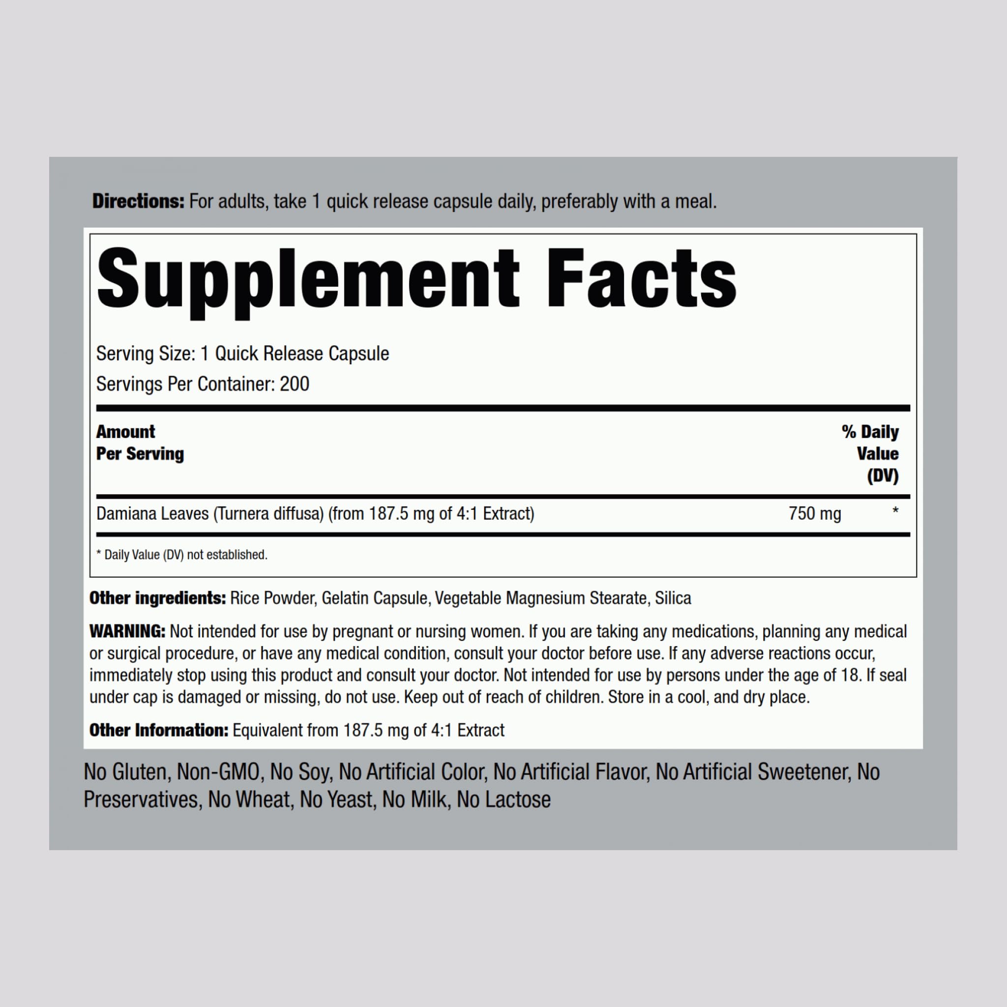 Foto 3 pulgar | Suplemento: Extracto De Hoja De Damiana De Piping Rock, 750 Mg, 200 Cápsulas - Venta Internacional.