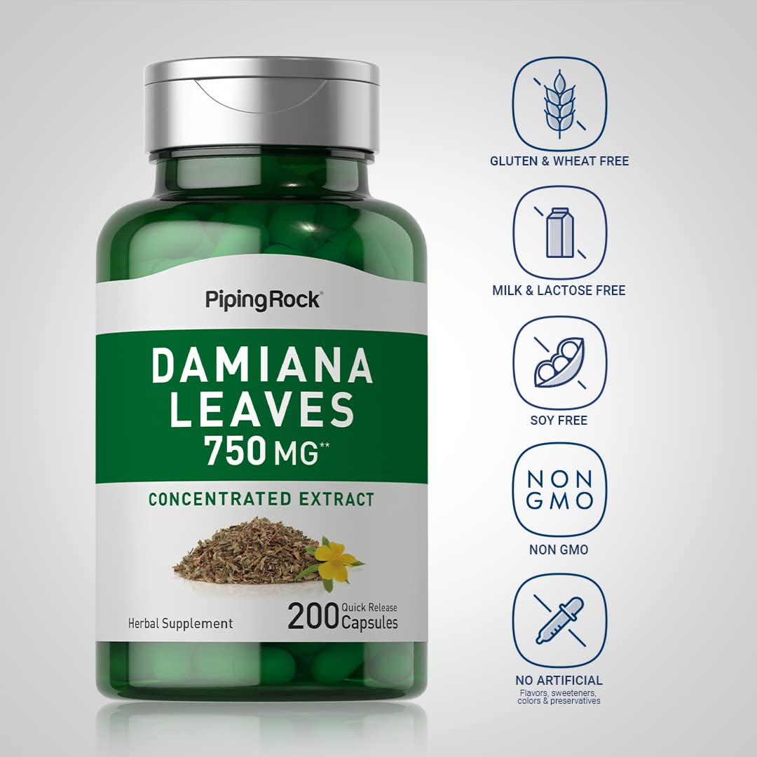 Foto 4 pulgar | Suplemento: Extracto De Hoja De Damiana De Piping Rock, 750 Mg, 200 Cápsulas - Venta Internacional.