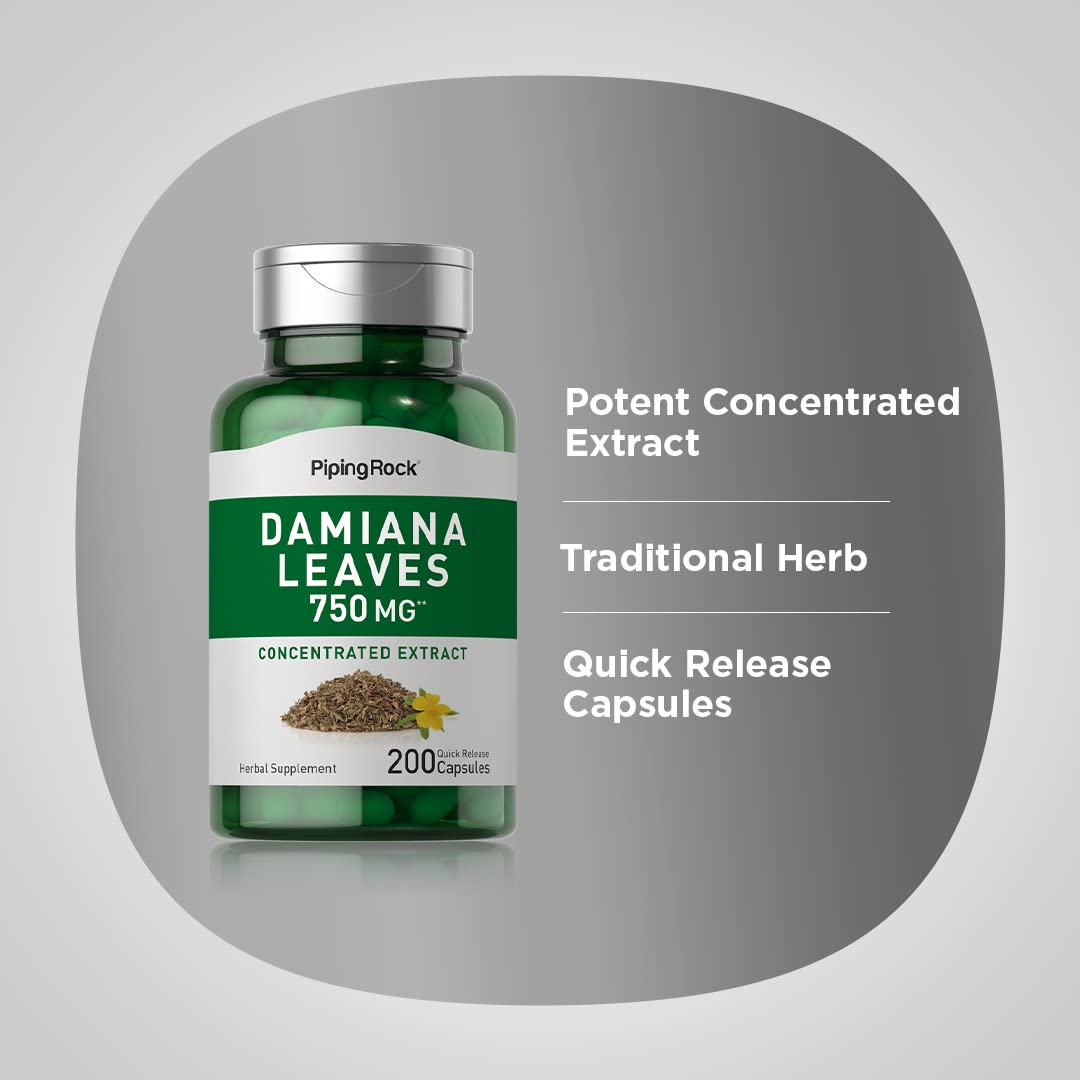 Foto 4 | Suplemento: Extracto De Hoja De Damiana De Piping Rock, 750 Mg, 200 Cápsulas - Venta Internacional.