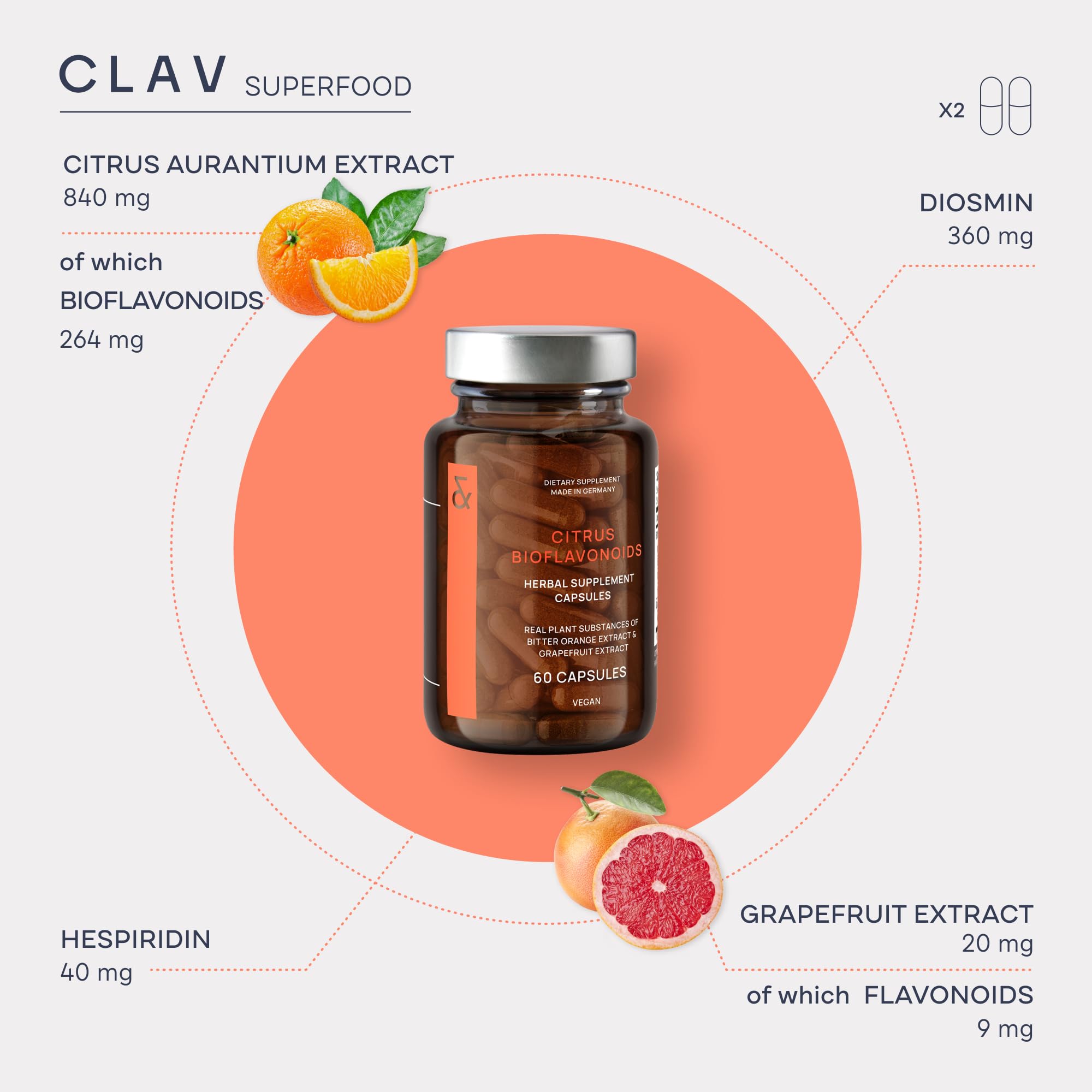 Foto 5 pulgar | Suplementos Clav Citrus Bioflavonoides 60 Cápsulas Veganas - Venta Internacional.