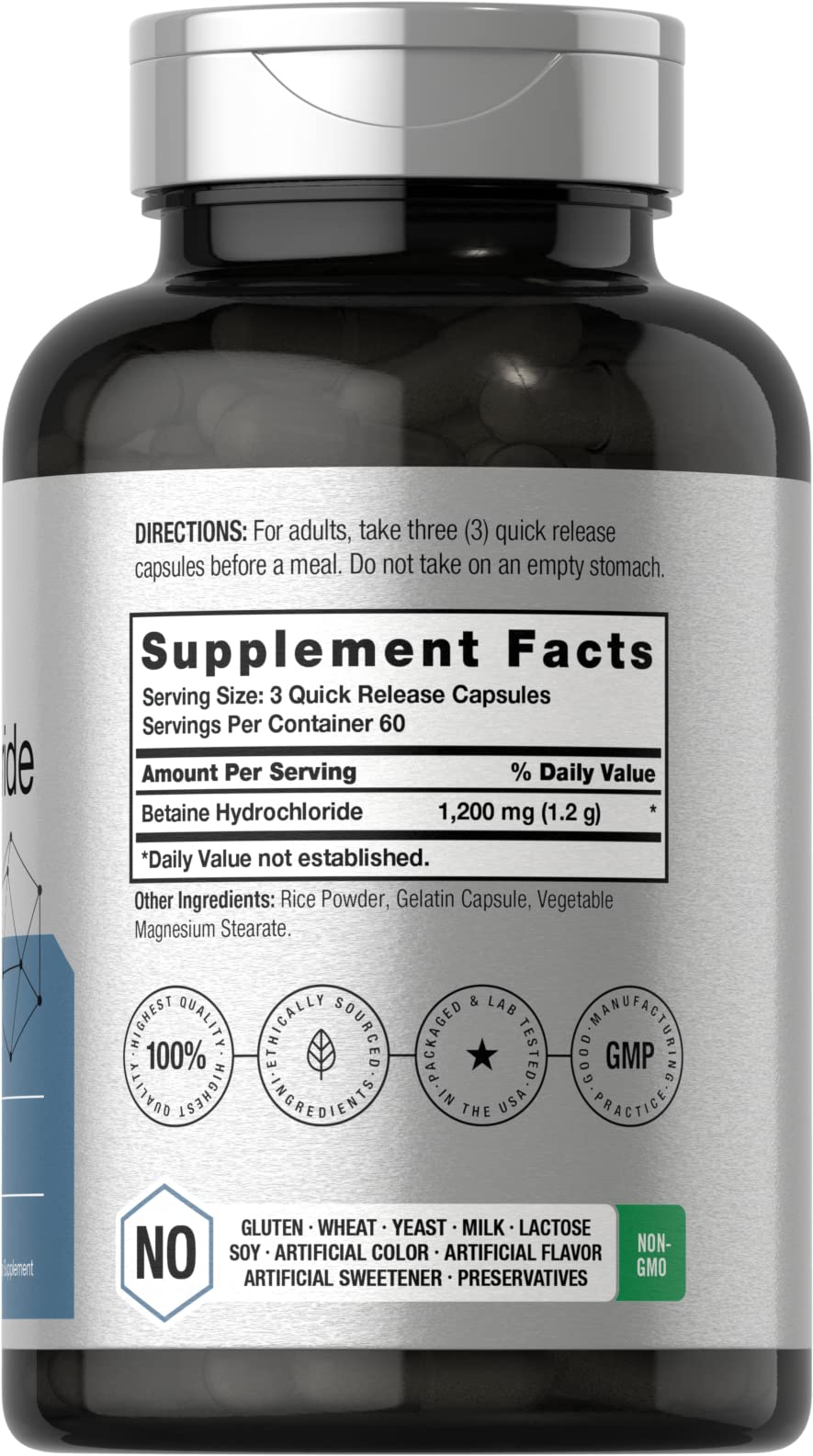 Foto 3 pulgar | Suplemento Horbaach Betaine Hcl 1200 Mg 180 Cápsulas - Venta Internacional.