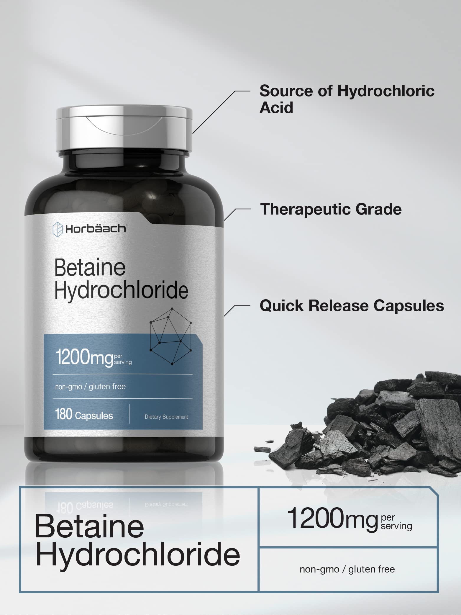 Foto 4 pulgar | Suplemento Horbaach Betaine Hcl 1200 Mg 180 Cápsulas - Venta Internacional.