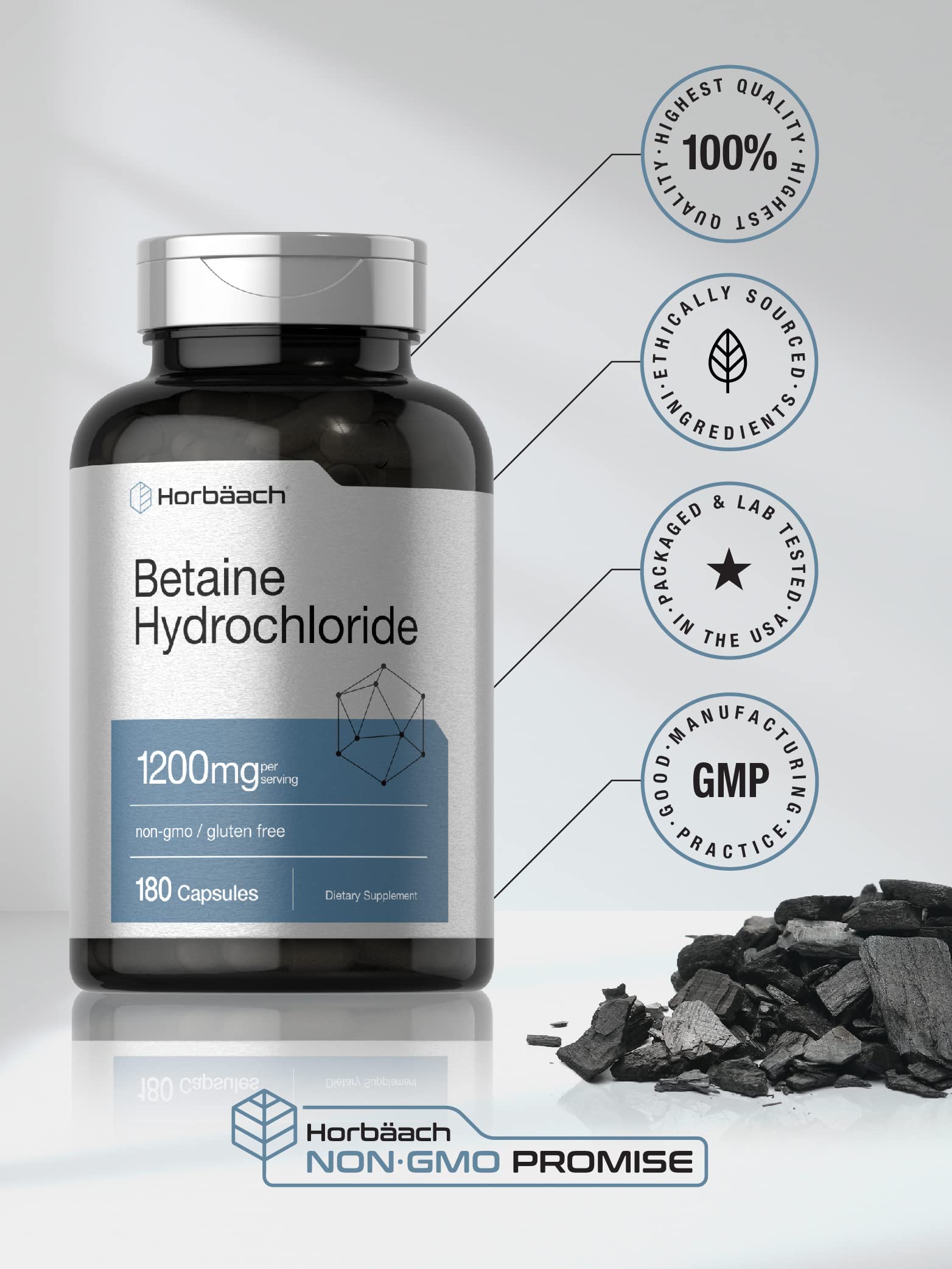 Foto 6 pulgar | Suplemento Horbaach Betaine Hcl 1200 Mg 180 Cápsulas - Venta Internacional.