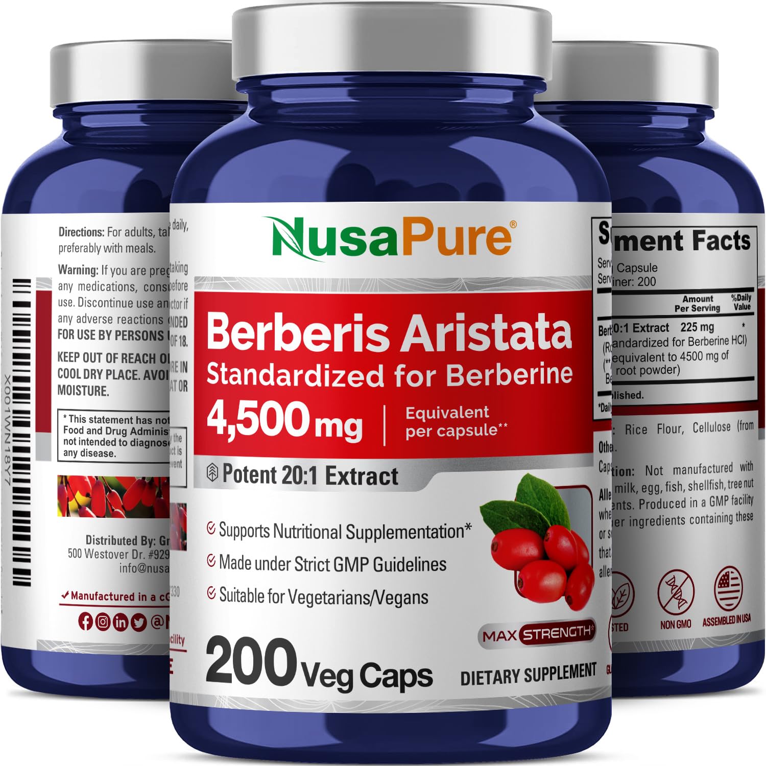 Foto 5 pulgar | Suplemento Nusapure Berberine Hci 4500 Mg 200 Cápsulas - Venta Internacional.