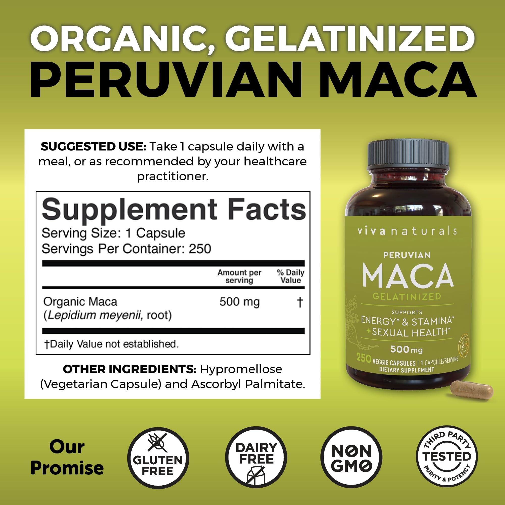 Foto 2 | Suplemento Viva Naturals De Raíz De Maca Peruana 250 Cápsulas 500 - Venta Internacional.