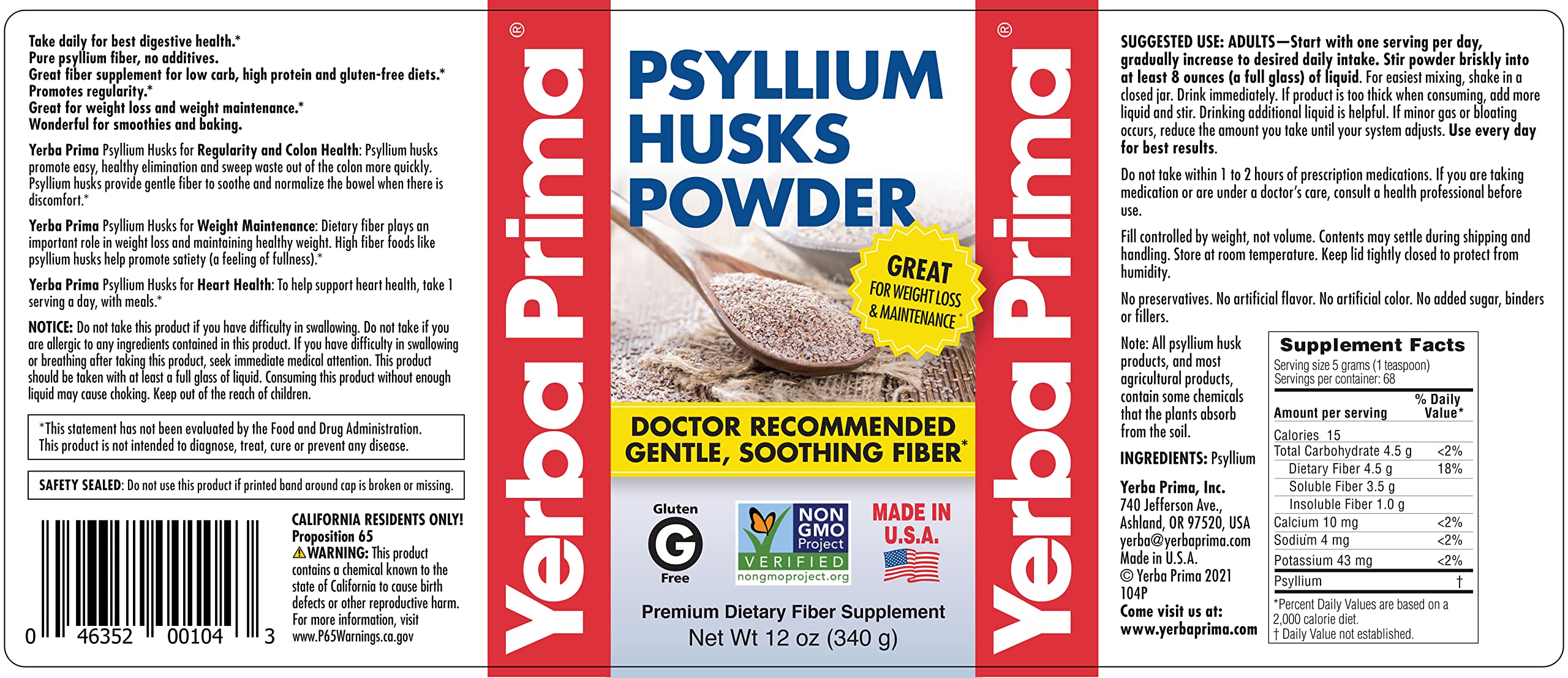 Foto 7 pulgar | Suplemento De Fibra De Cáscaras De Psilio En Polvo De Yerba Prima, 350 Ml - Venta Internacional.