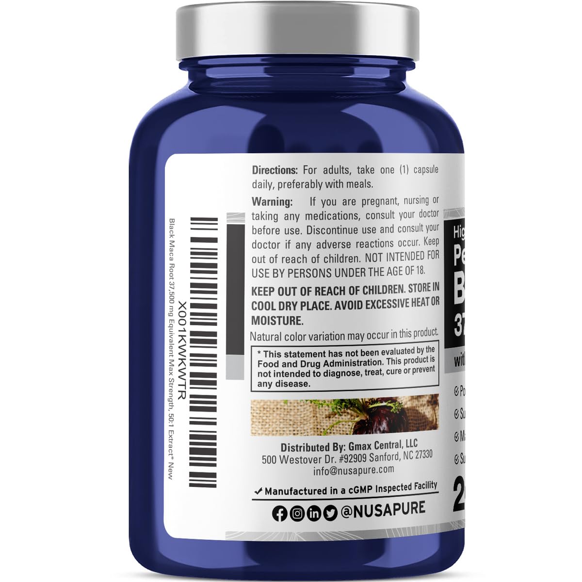Foto 5 pulgar | Suplemento De Raíz De Maca Negra Nusapure 37.500 Mg 200 Cápsulas - Venta Internacional.