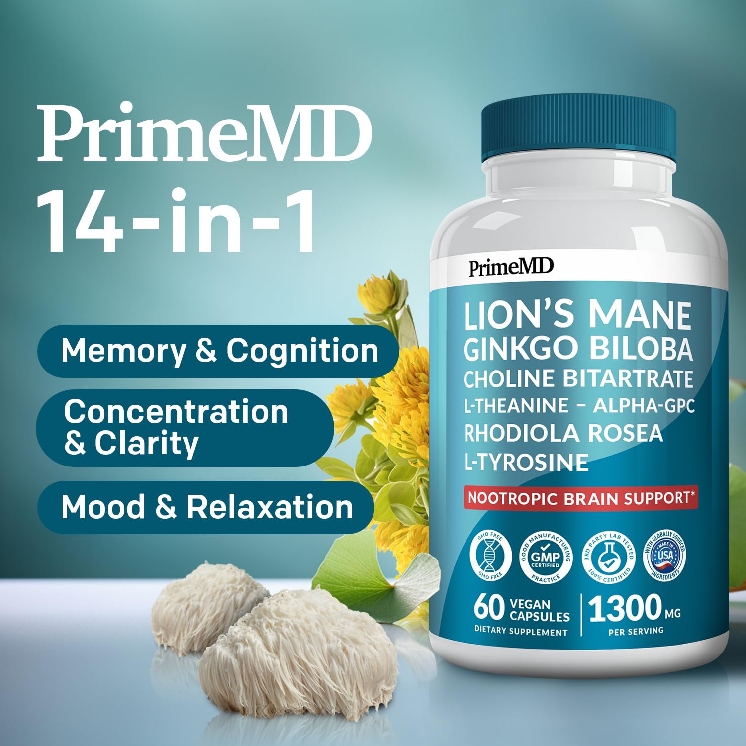 Foto 3 pulgar | Suplemento Primemd Lions Mane 14 En 1 Con Ginkgo Biloba 1300 Mg - Venta Internacional.