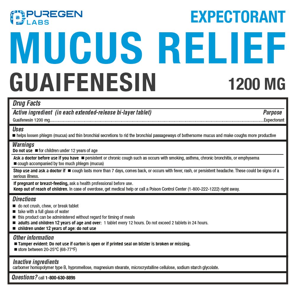 Foto 4 pulgar | Mucus Relief Puregen Labs, Guaifenesina, 1200 Mg, Liberación En 12 Horas - Venta Internacional.