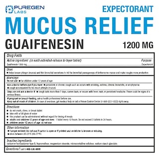 Foto 4 | Mucus Relief Puregen Labs, Guaifenesina, 1200 Mg, Liberación En 12 Horas - Venta Internacional.