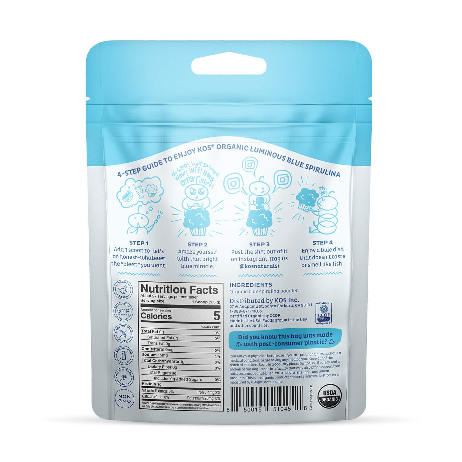 Foto 6 pulgar | Spirulina Azul En Polvo Kos Luminous Organic Phycocianin 30g - Venta Internacional.