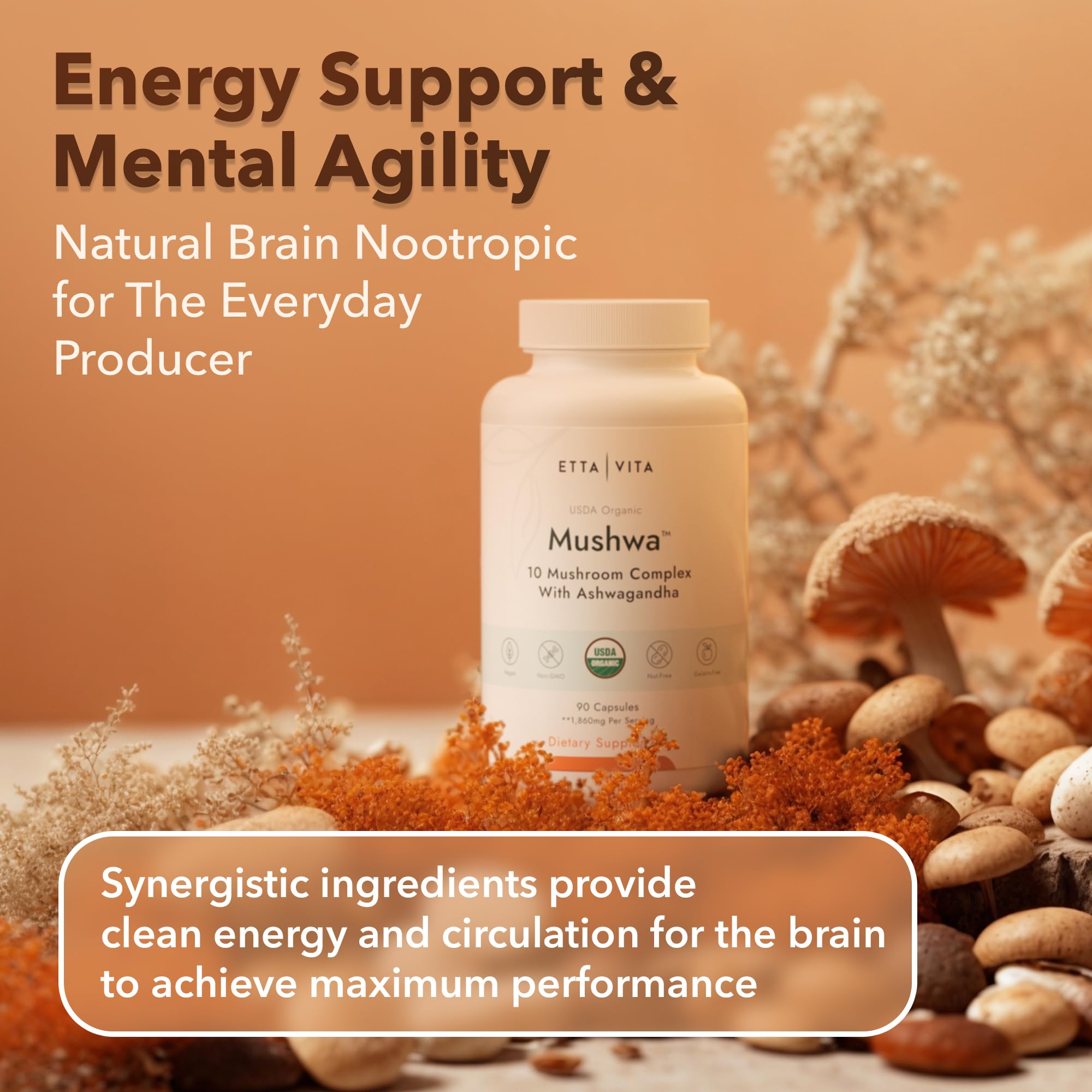 Foto 5 pulgar | Suplemento Etta Vita Organic Lions Mane Con Ashwagandha 18600 Mg - Venta Internacional.
