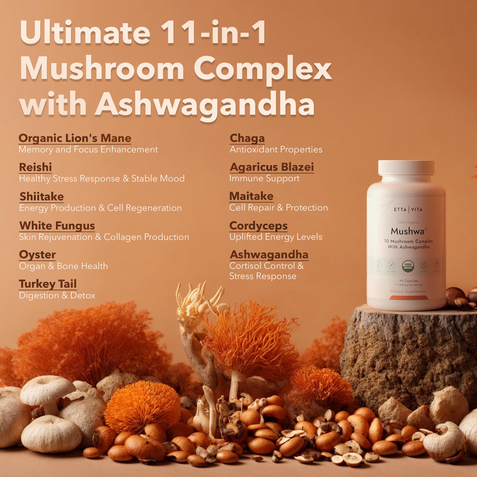 Foto 6 pulgar | Suplemento Etta Vita Organic Lions Mane Con Ashwagandha 18600 Mg - Venta Internacional.