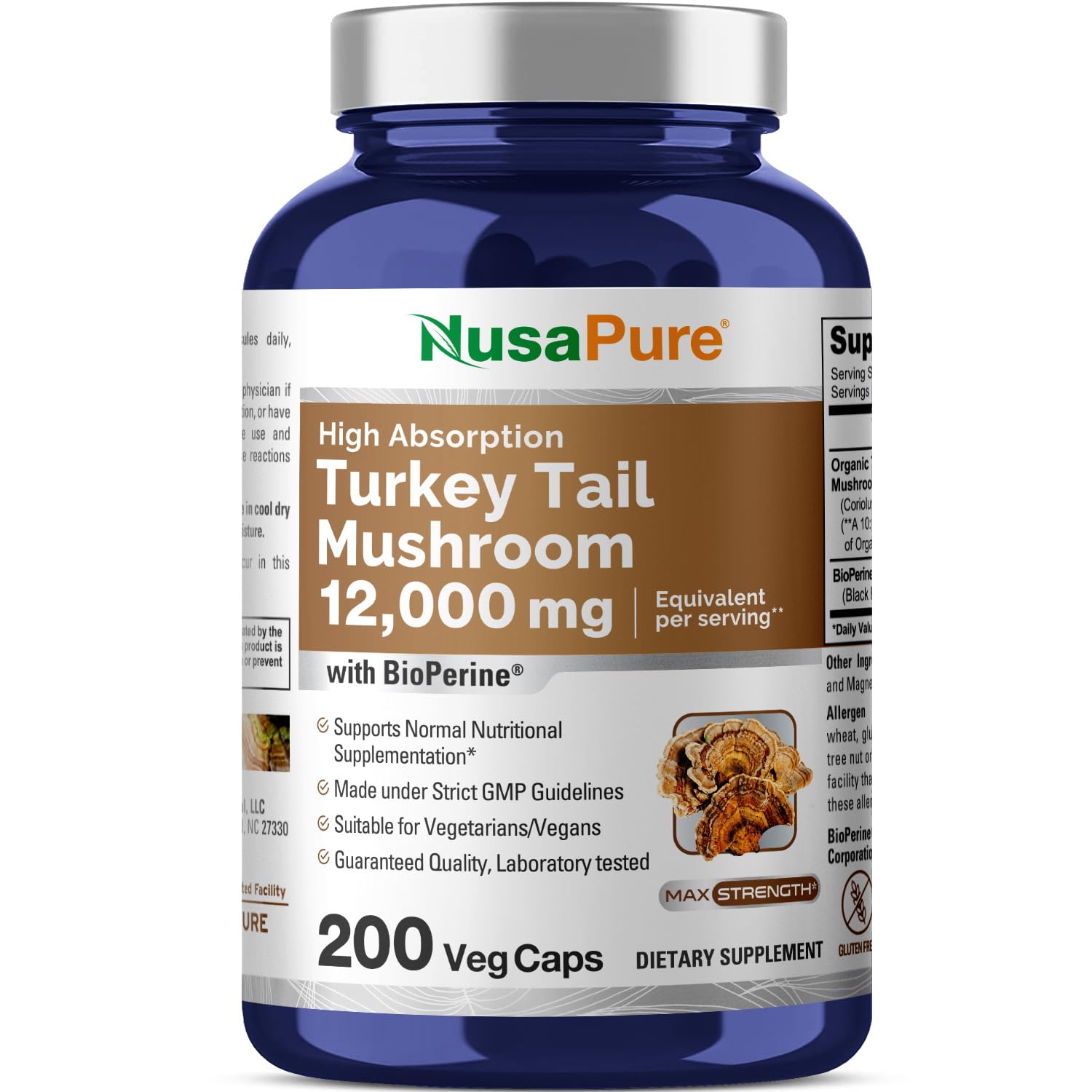 Foto 2 pulgar | Suplemento De Hongos De Cola De Pavo Nusapure, 12 000 Mg, 200 Cápsulas - Venta Internacional.