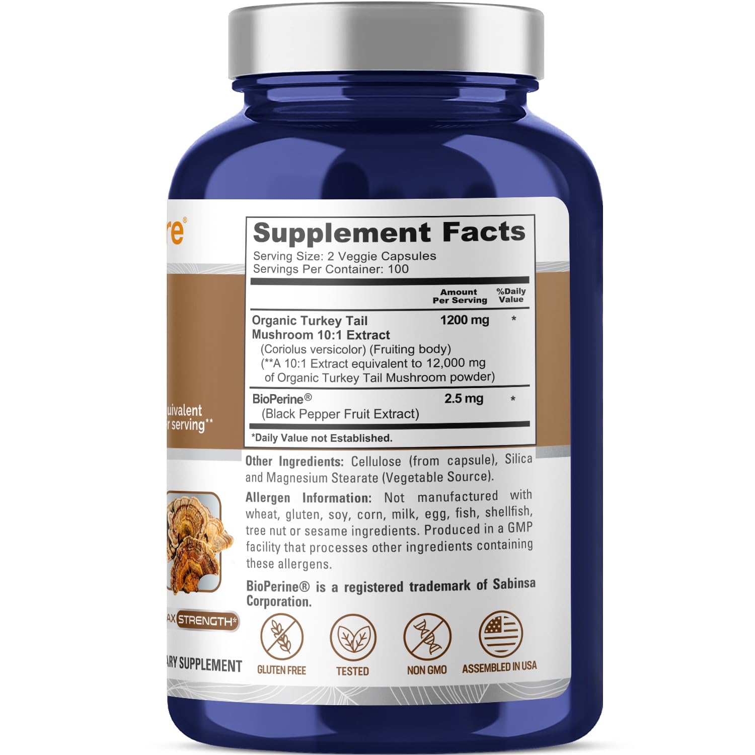 Foto 3 pulgar | Suplemento De Hongos De Cola De Pavo Nusapure, 12 000 Mg, 200 Cápsulas - Venta Internacional.