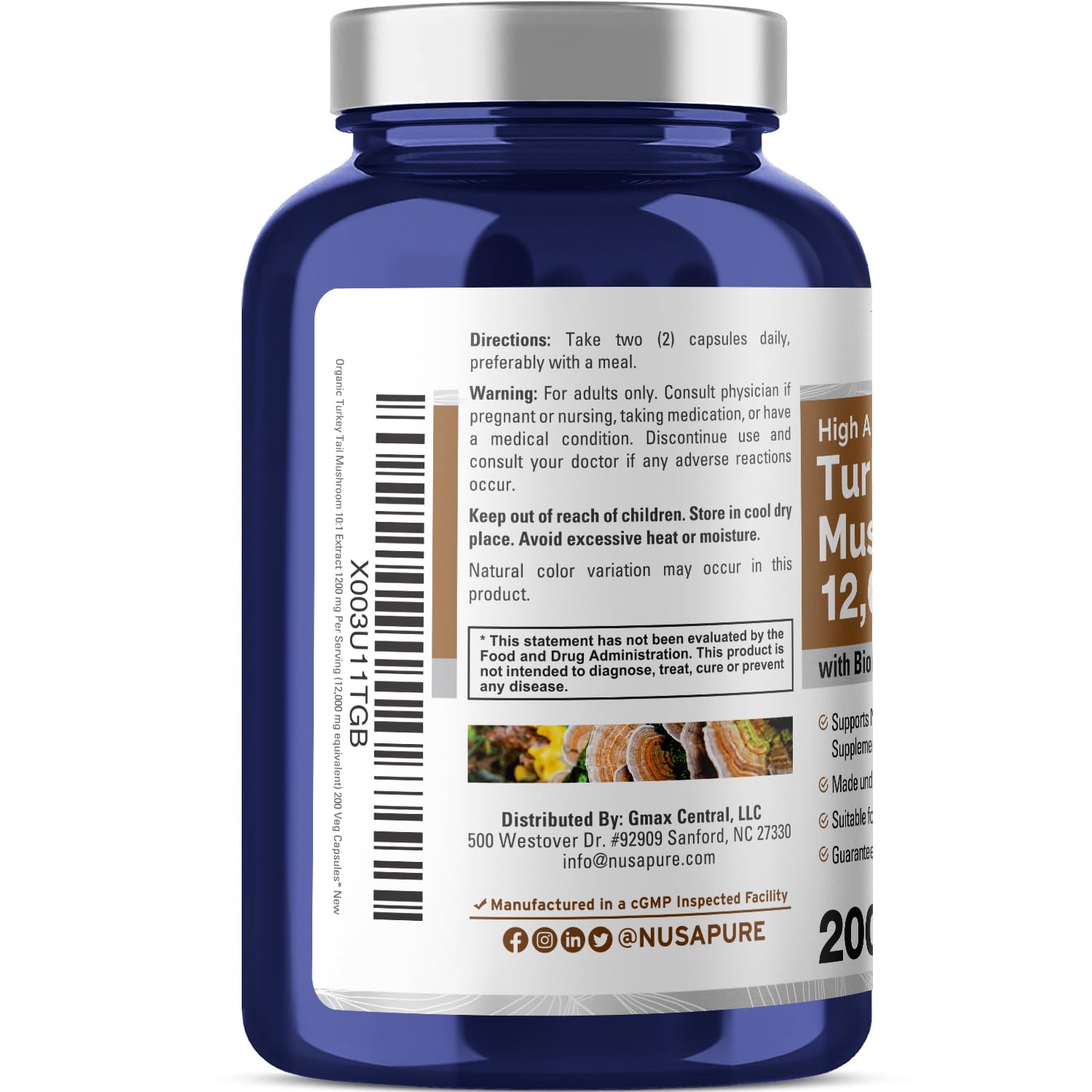 Foto 4 pulgar | Suplemento De Hongos De Cola De Pavo Nusapure, 12 000 Mg, 200 Cápsulas - Venta Internacional.