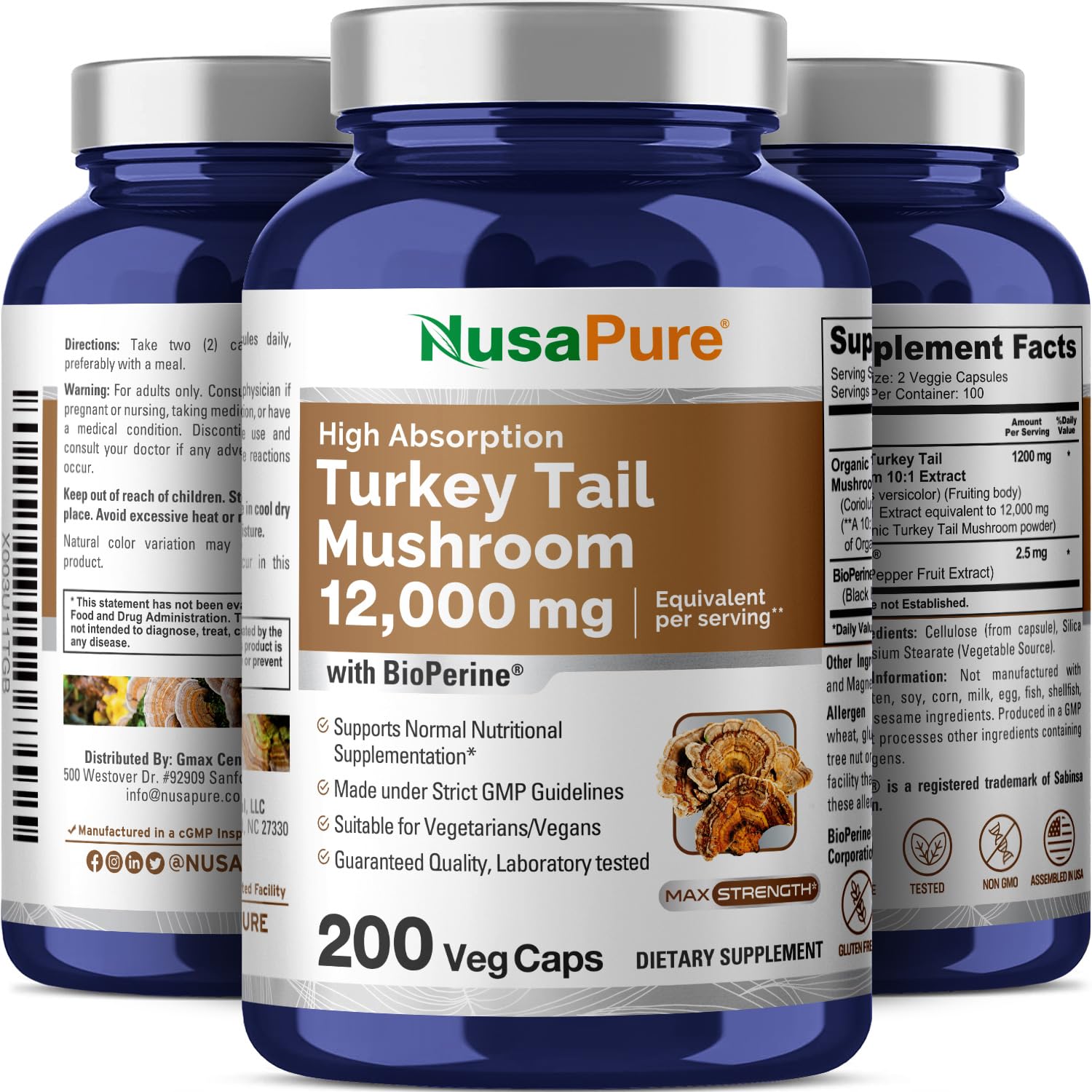 Foto 5 pulgar | Suplemento De Hongos De Cola De Pavo Nusapure, 12 000 Mg, 200 Cápsulas - Venta Internacional.