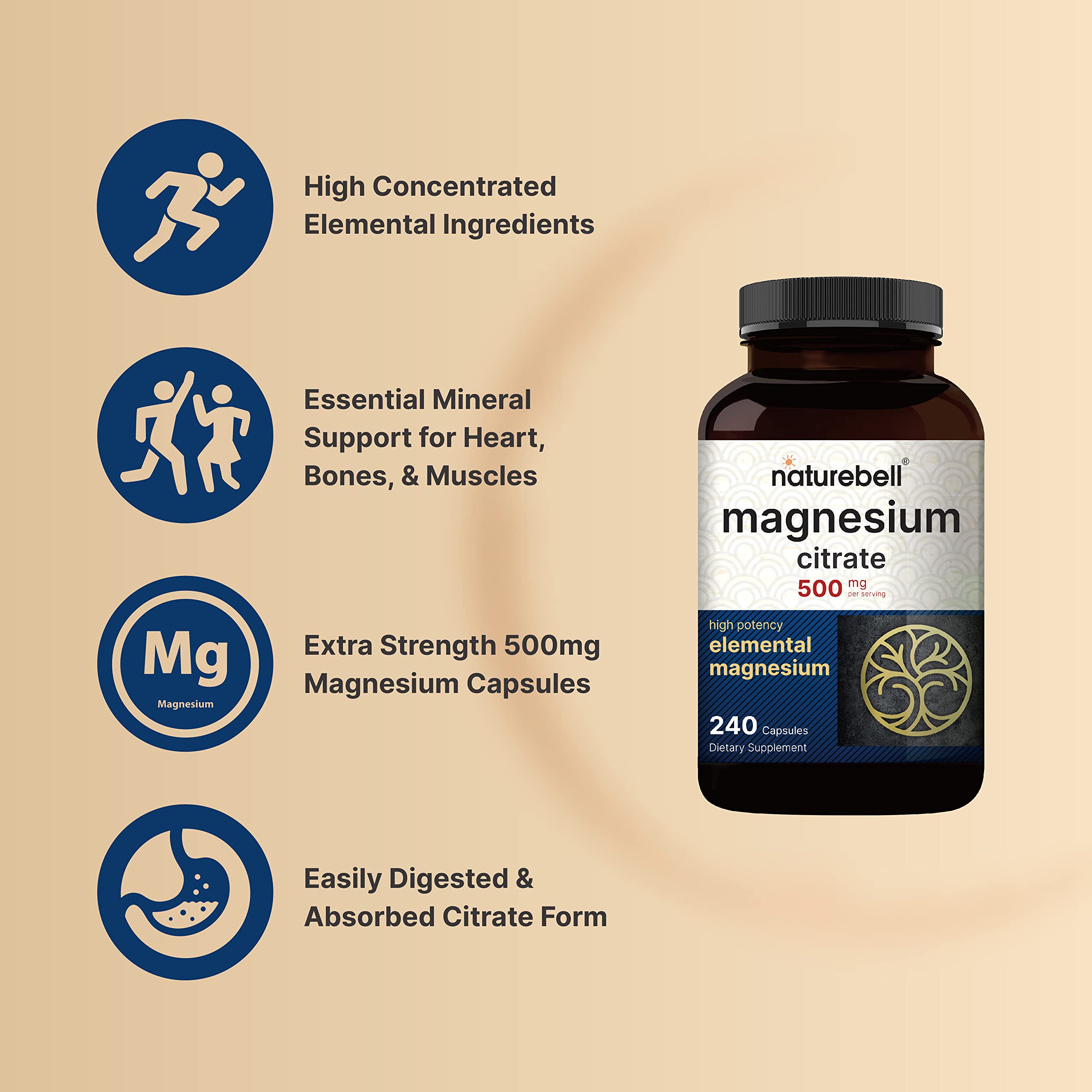 Foto 4 pulgar | Suplemento De Citrato De Magnesio Naturebell 500 Mg 240 Cápsulas - Venta Internacional.