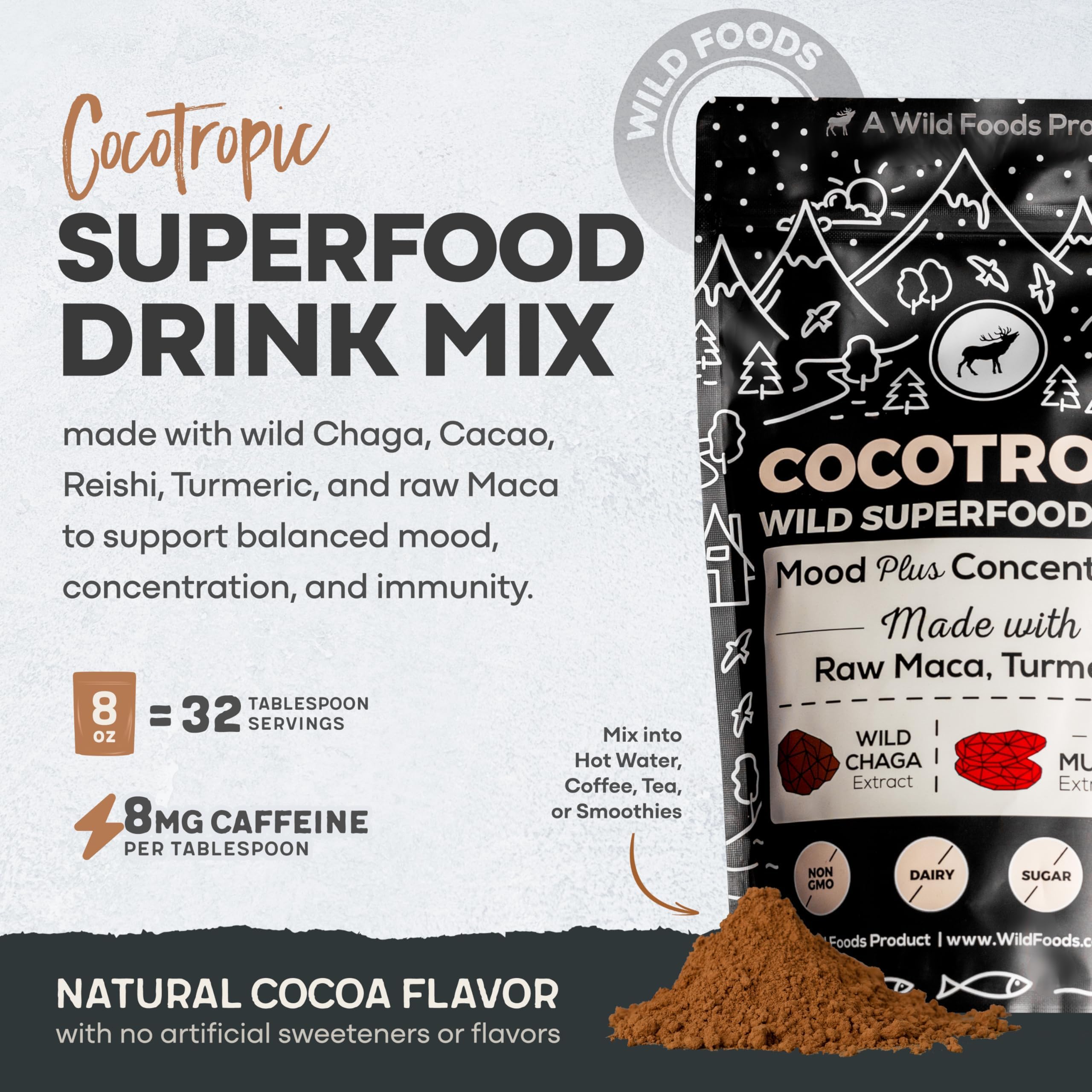 Foto 3 pulgar | Mezcla Orgánica De Cacao, Hongos Y Chocolate, Superalimento, 250 Ml, Wild Foods - Venta Internacional.