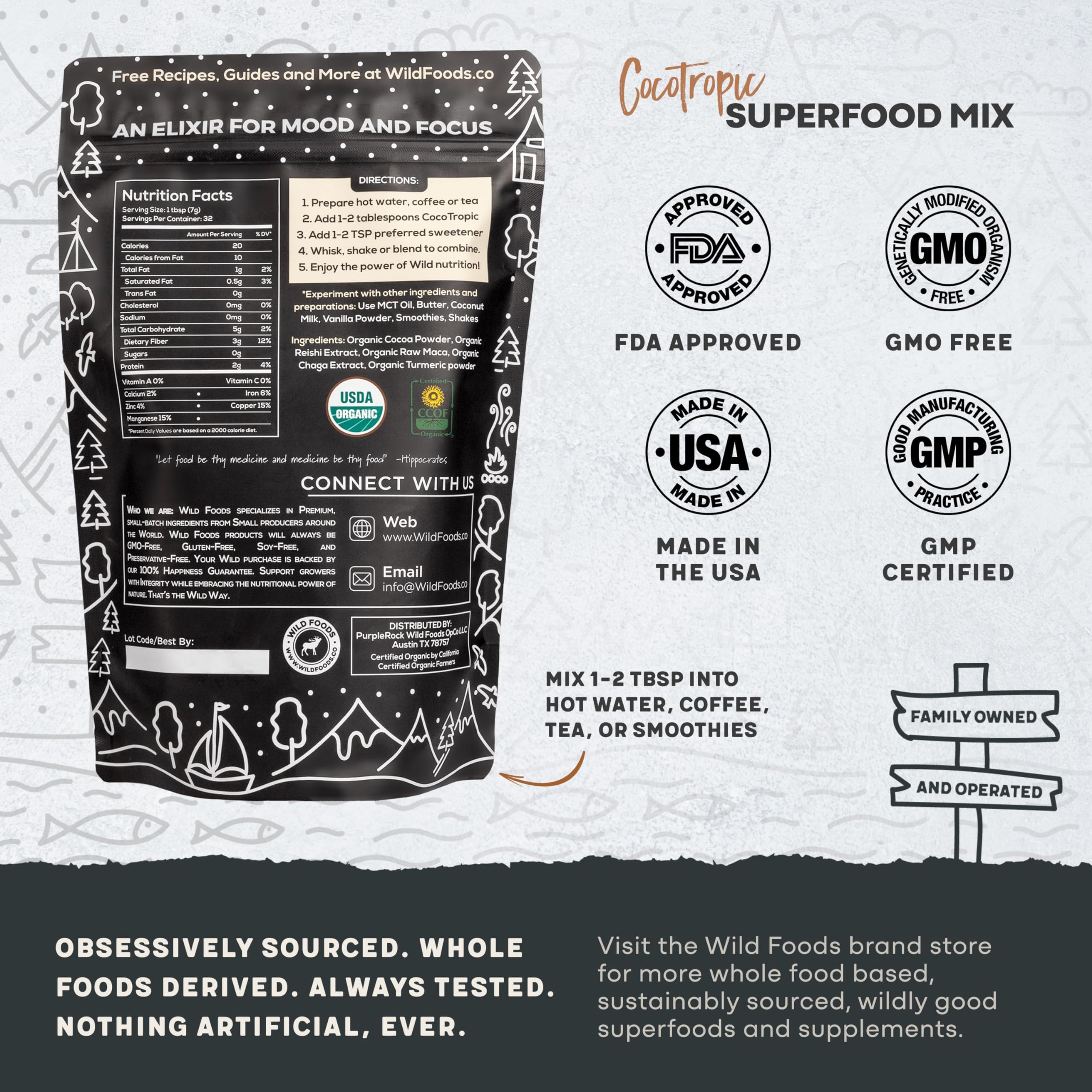 Foto 6 pulgar | Mezcla Orgánica De Cacao, Hongos Y Chocolate, Superalimento, 250 Ml, Wild Foods - Venta Internacional.