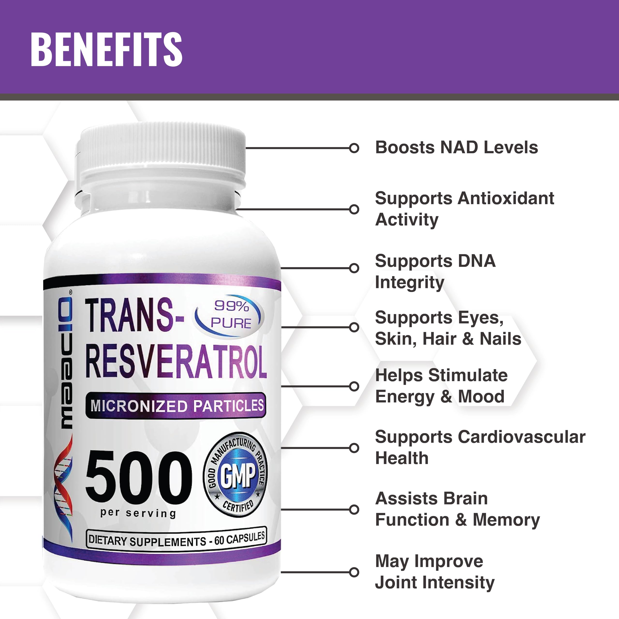Foto 3 pulgar | Suplemento M Maac10 Trans Resveratrol 500 Mg (3 X 180 Cápsulas) - Venta Internacional.