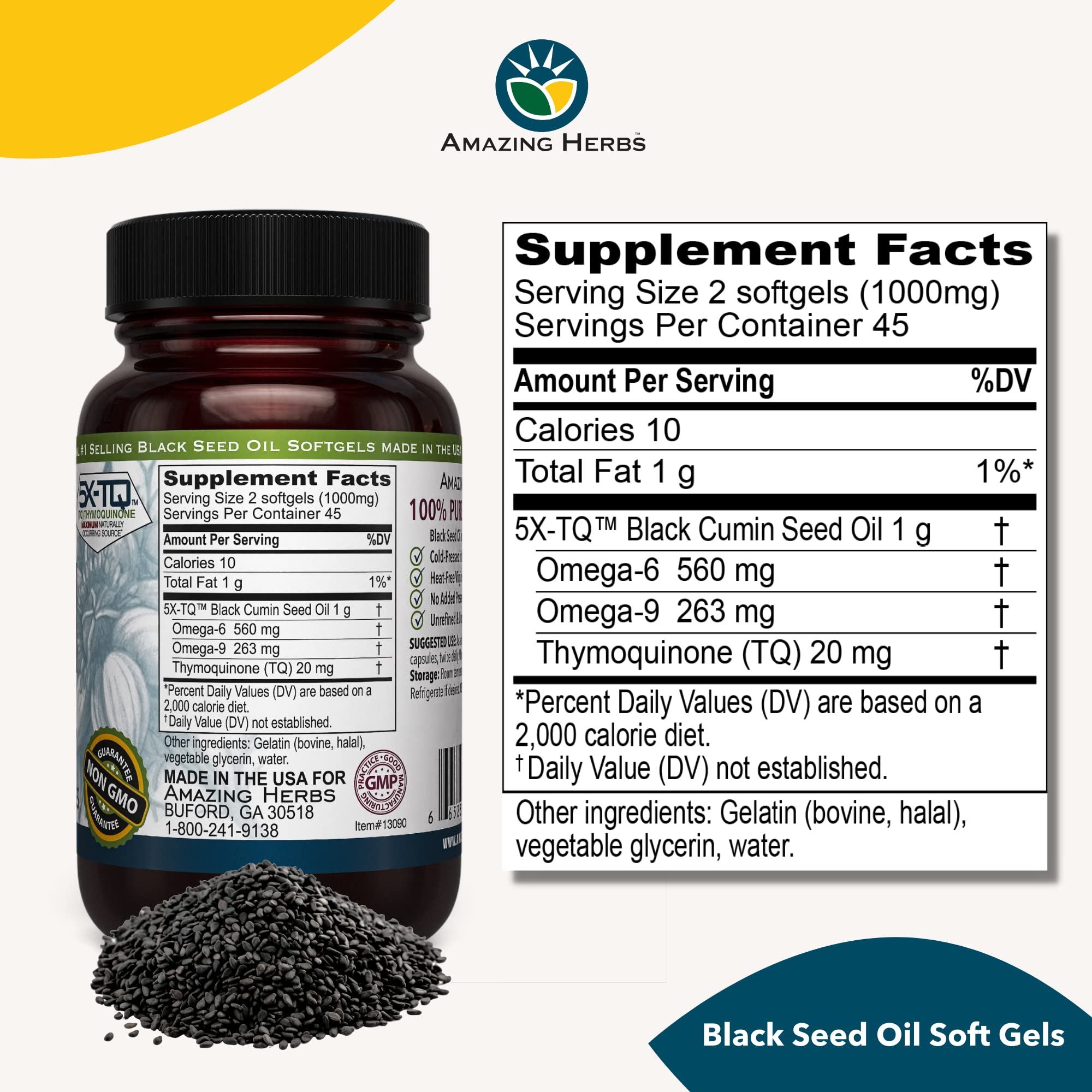 Foto 3 pulgar | Suplemento De Aceite De Semilla Negra Amazing Herbs 90 Cápsulas 500 Mg - Venta Internacional.