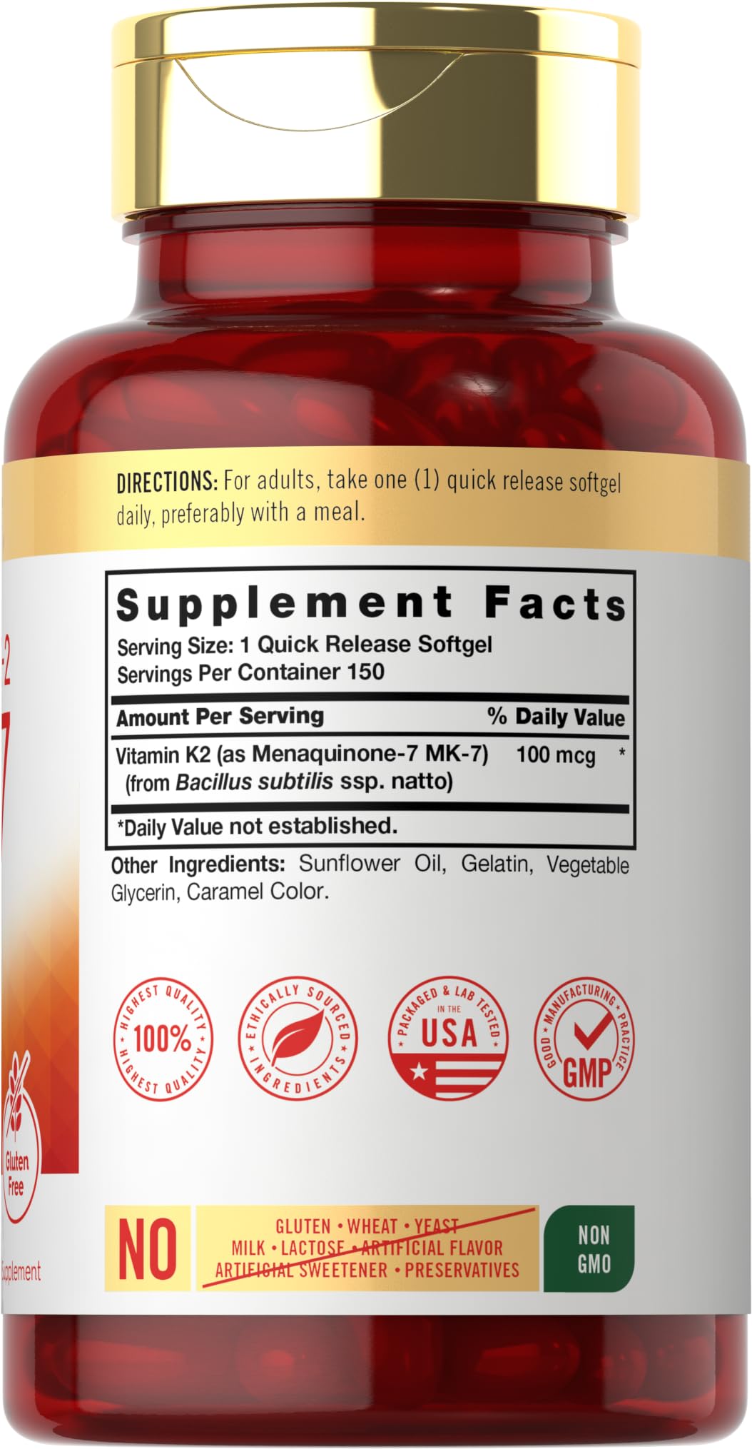 Foto 2 | Suplemento Carlyle De Vitamina K2 Mk7 100 Mcg 150 Cápsulas Blandas - Venta Internacional.
