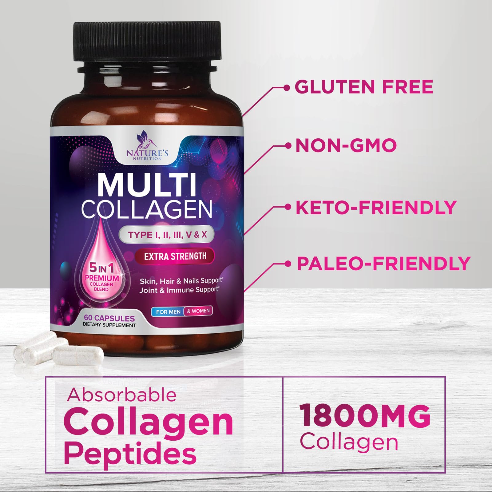 Foto 6 | Píldoras De Colágeno Nature's Nutrition De Múltiples Tipos I, Ii, Iii, V  - Venta Internacional.