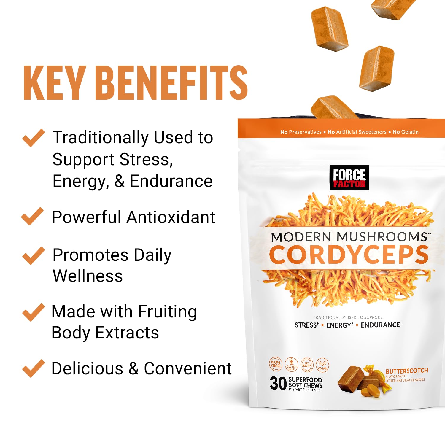 Foto 3 pulgar | Suplemento Force Factor Modern Mushrooms Cordyceps 30 Caramelos Masticables - Venta Internacional.