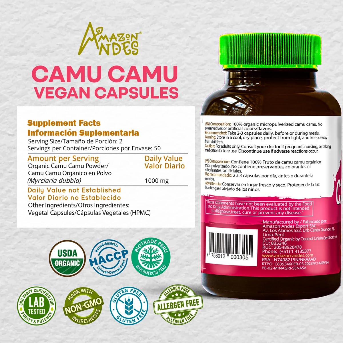 Foto 3 pulgar | Suplemento Amazon Andes Camu Camu Cápsulas De Vitamina C, 100 Cápsulas - Venta Internacional