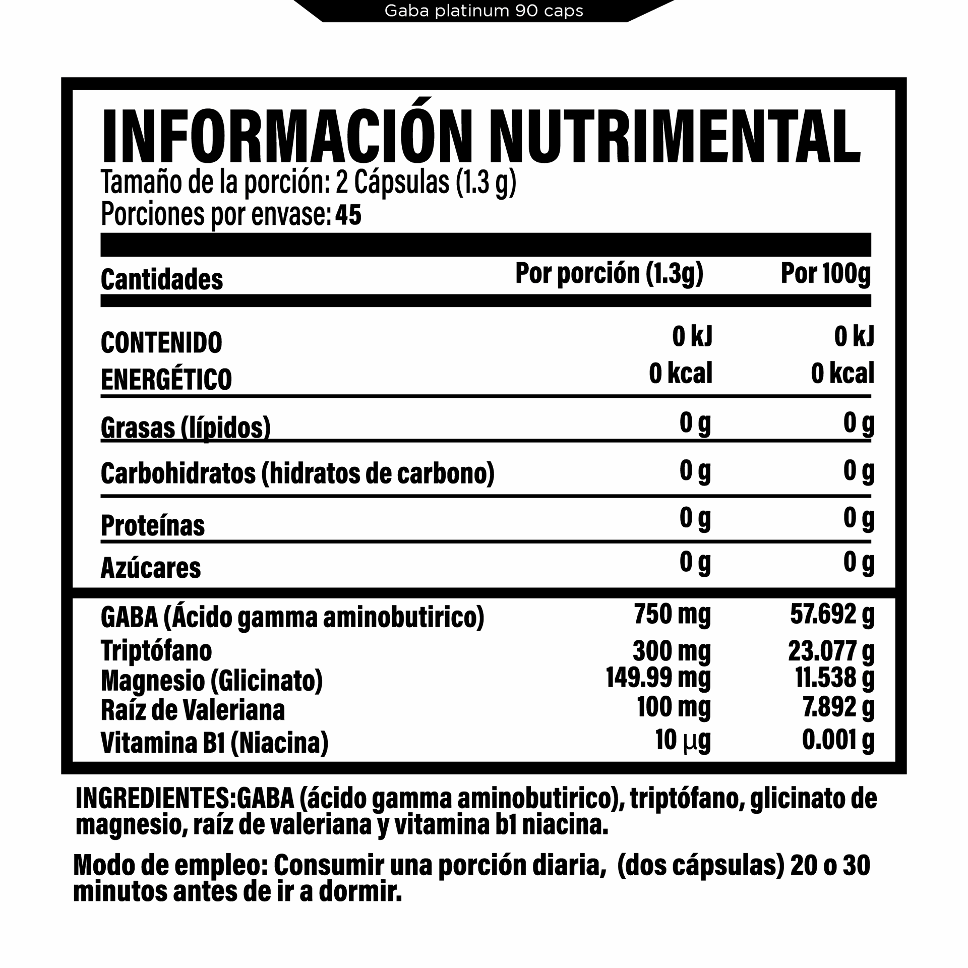 Foto 3 pulgar | Gaba Platinum 4 En 1 90 Caps. Con Gaba, Triptófano, Magnesio, Valeriana Y Vitamina B1. Soporte Natural Para Un