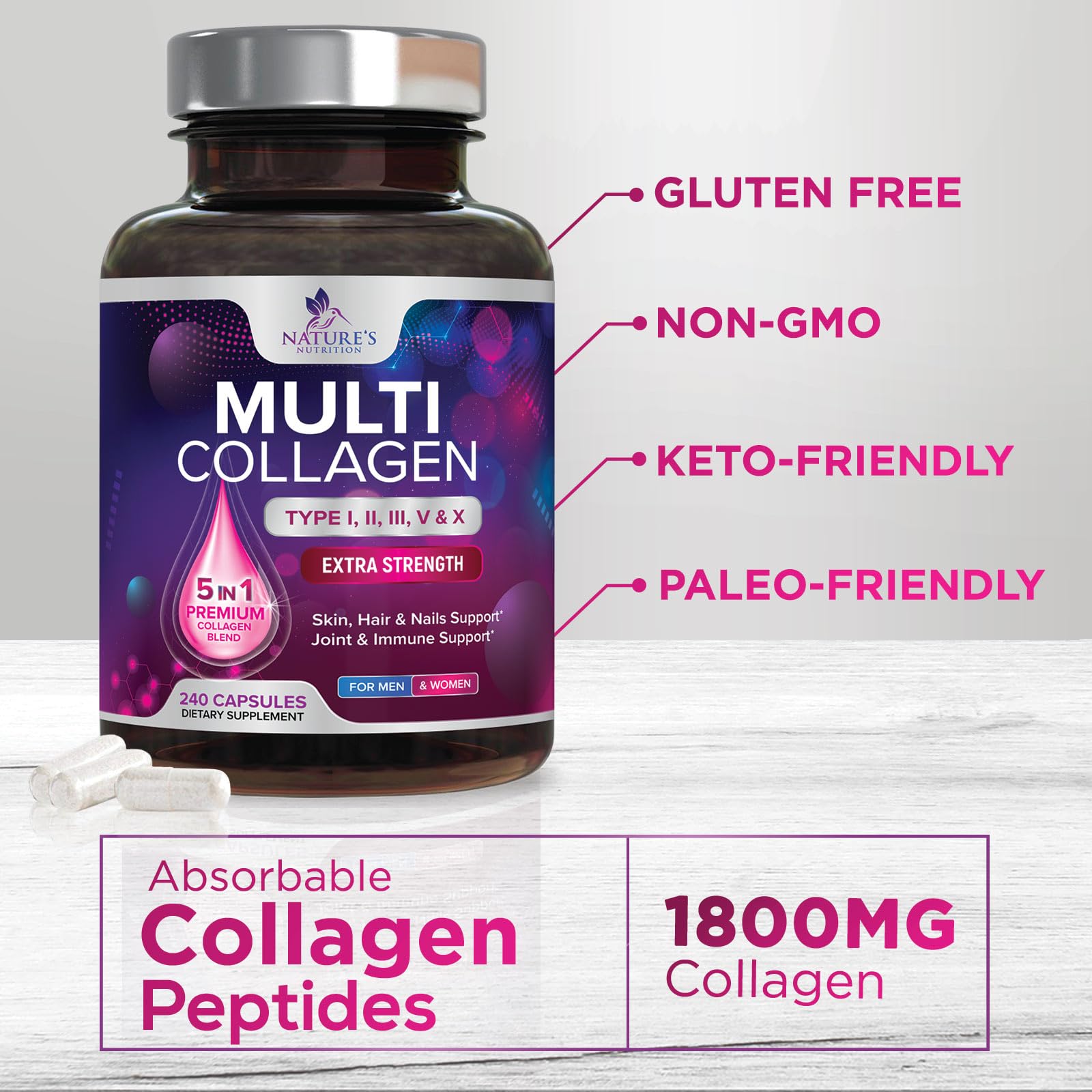 Foto 7 pulgar | Píldoras De Colágeno Nature's Nutrition De Múltiples Tipos I, Ii, Iii, V  - Venta Internacional.