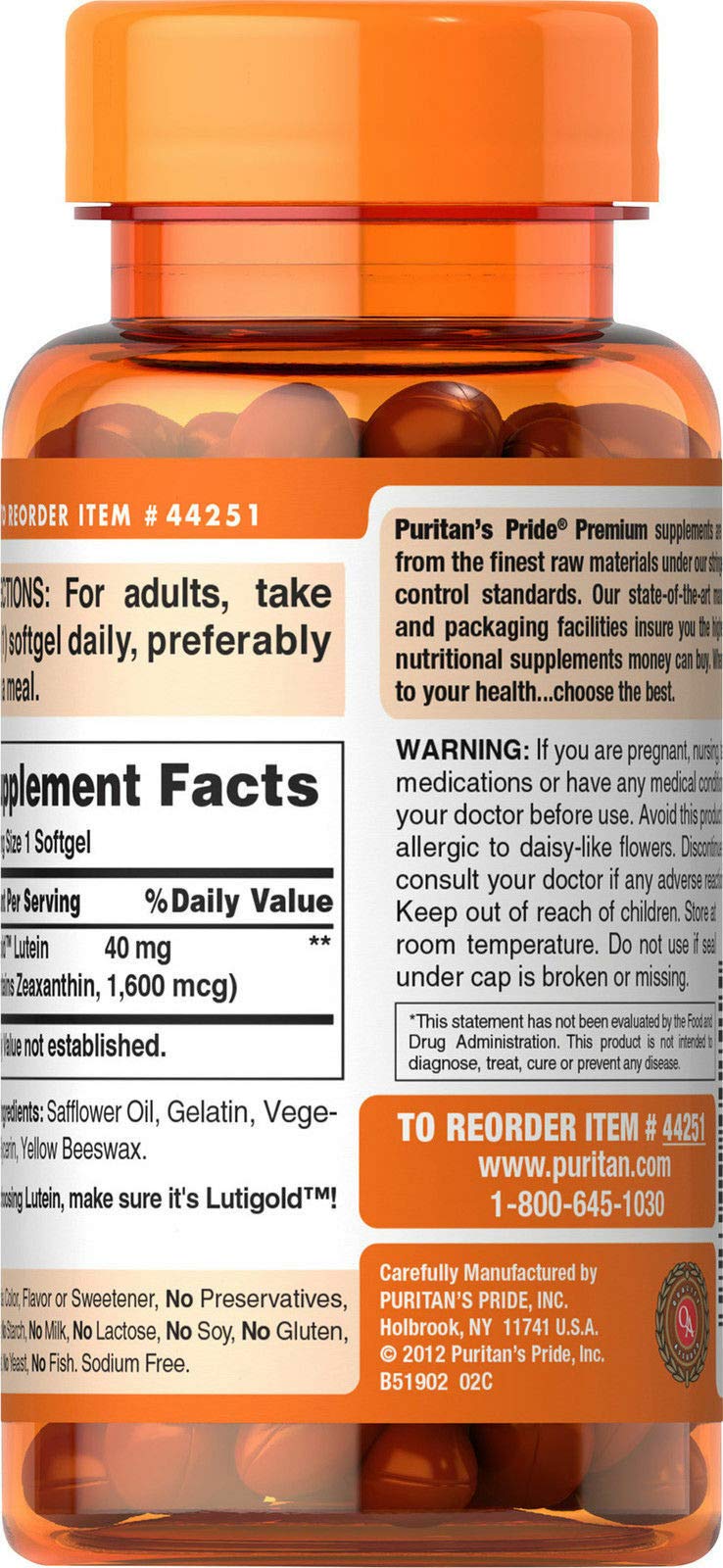 Foto 5 pulgar | Complementa 40 Mg De Luteína Puritan's Pride Con 60 Unidades De Zeaxantina - Venta Internacional.