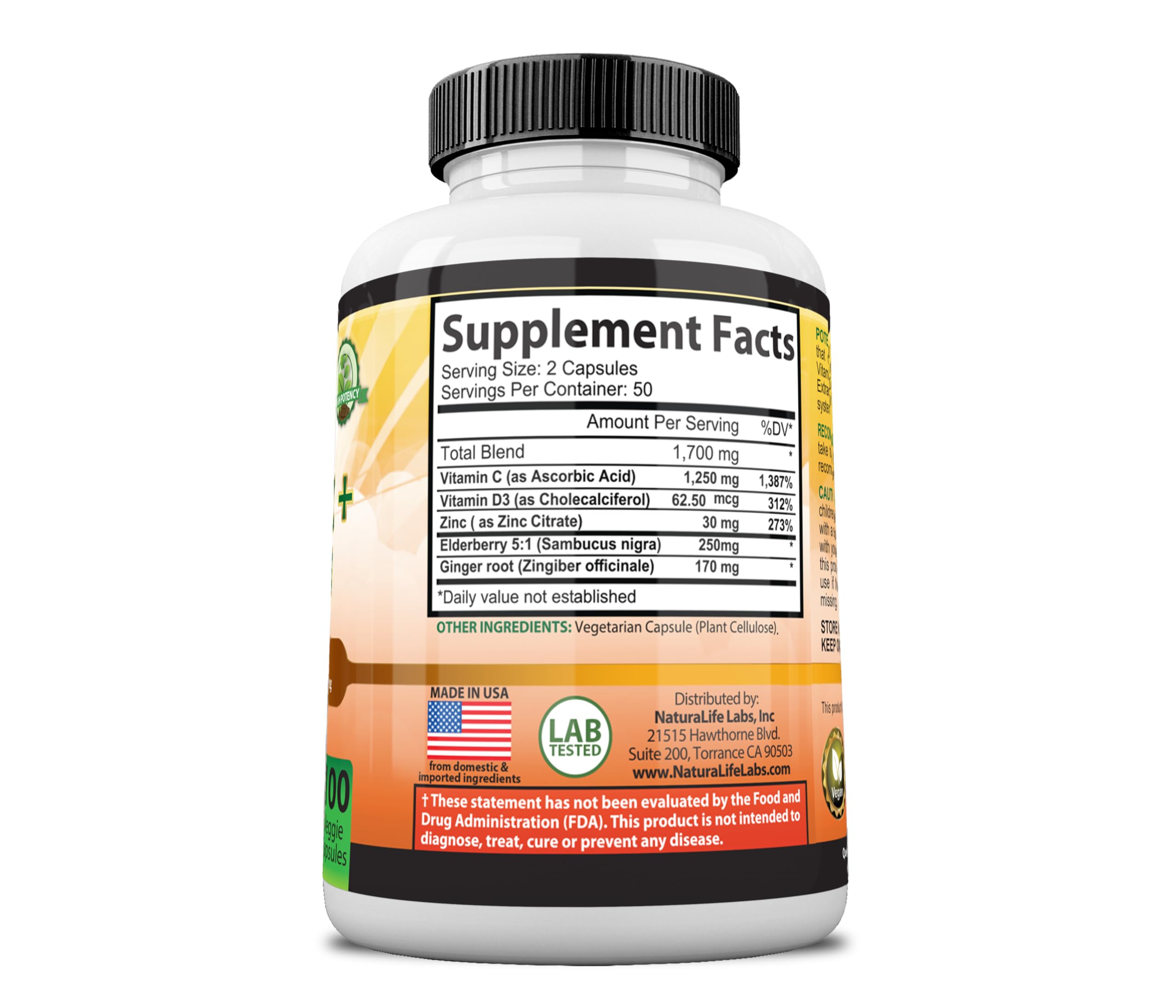 Foto 6 pulgar | Suplemento Naturalife Labs De Vitamina C 1700 Mg Con Vitamina D3 100 Cápsulas - Venta Internacional.